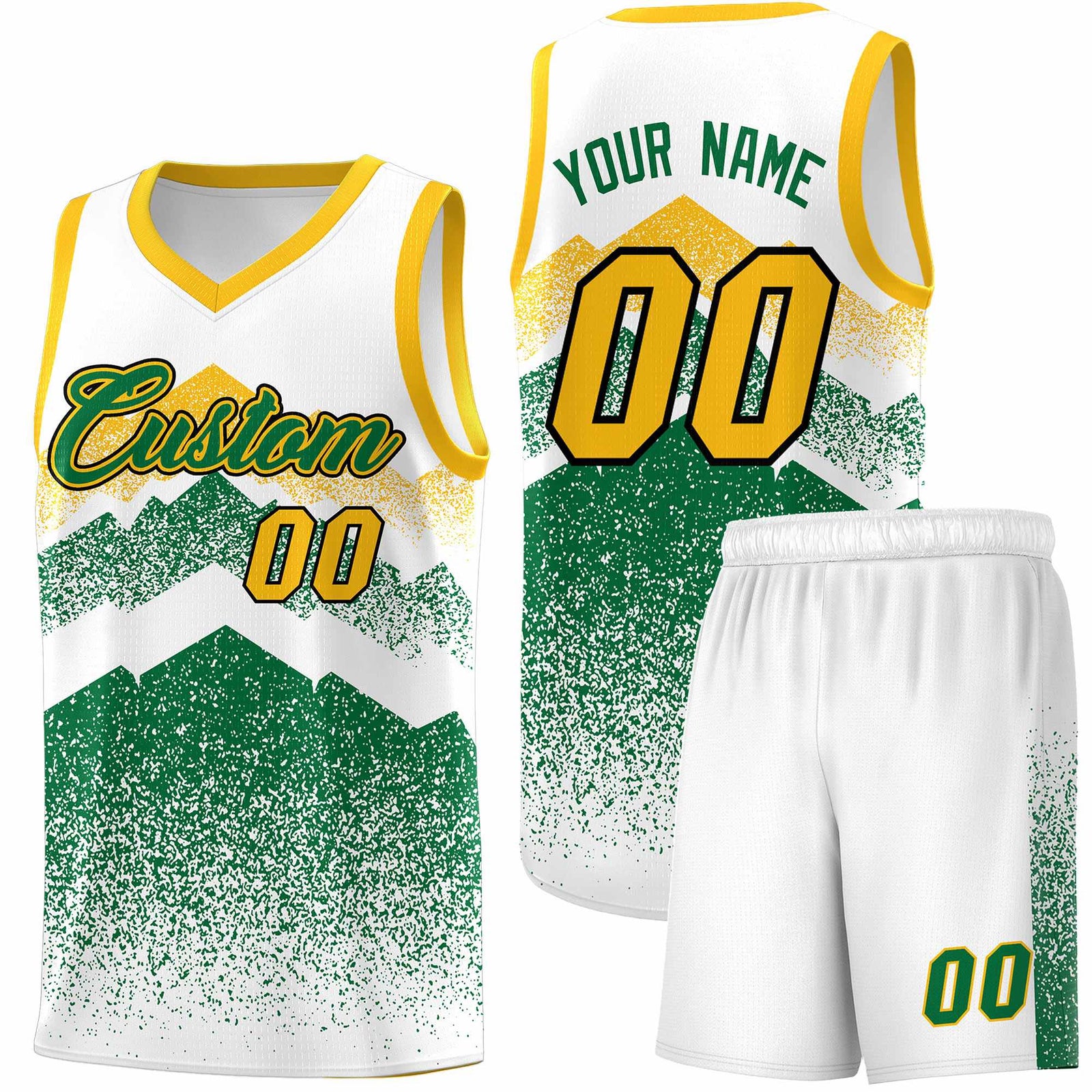 Personalized Youth Basketball Jerseys White Kelly Green Gradient Mountain Design Uniforms