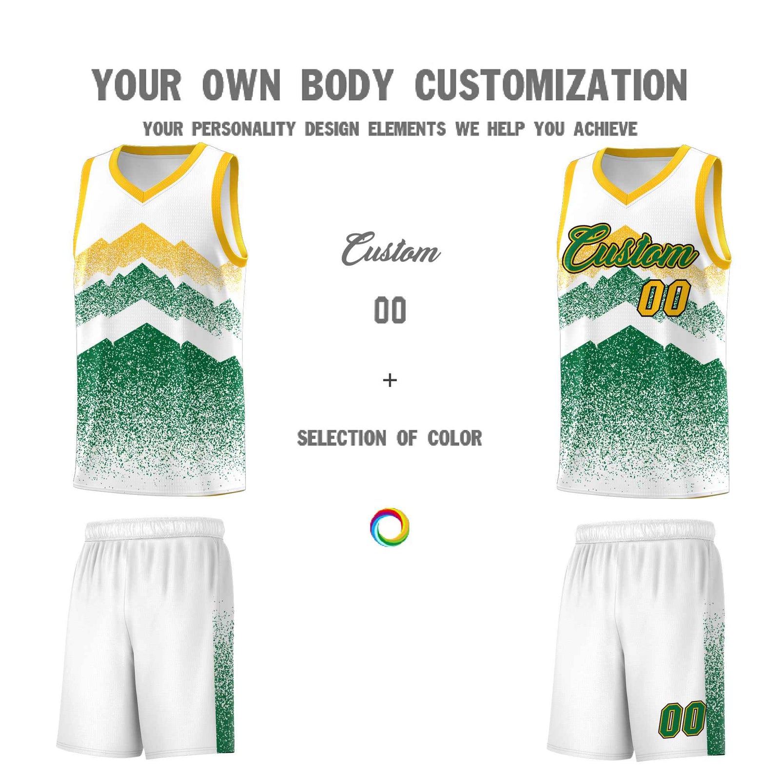 Personalized Youth Basketball Jerseys White Kelly Green Gradient Mountain Design Uniforms