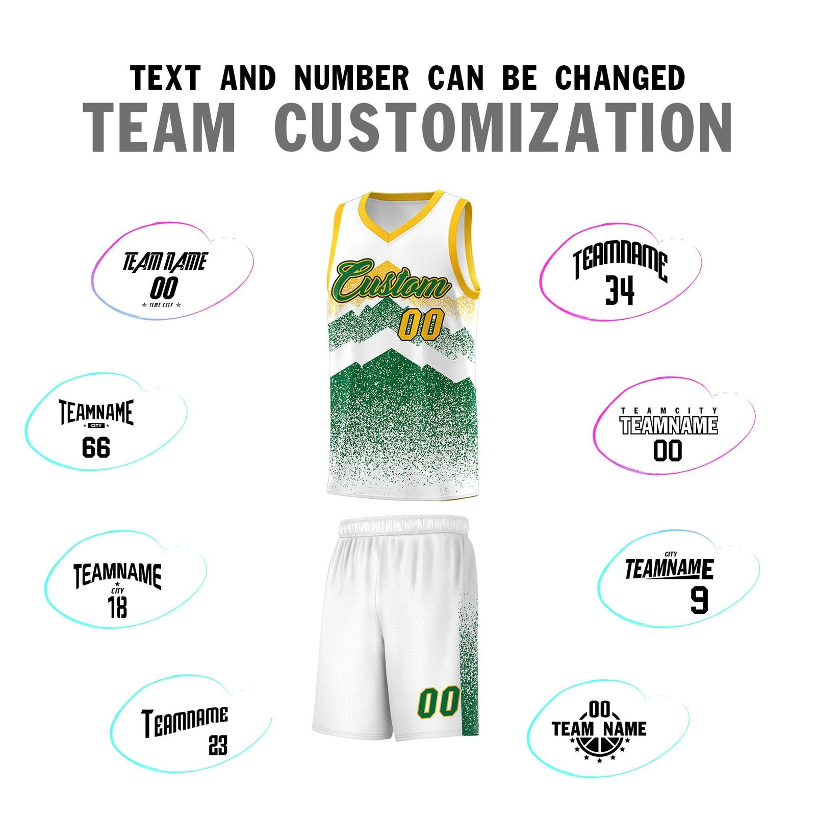 Personalized Youth Basketball Jerseys White Kelly Green Gradient Mountain Design Uniforms