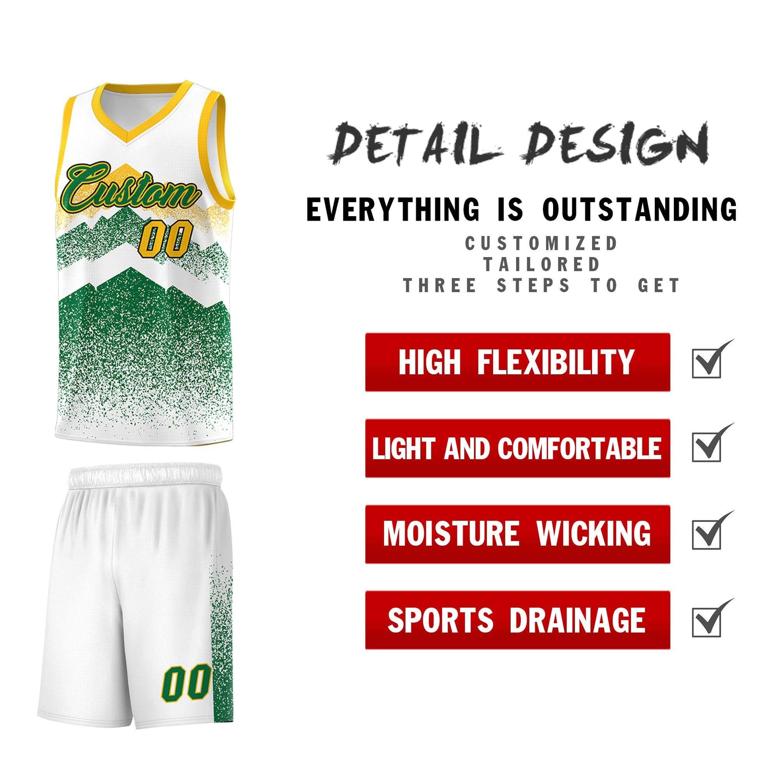 Personalized Youth Basketball Jerseys White Kelly Green Gradient Mountain Design Uniforms