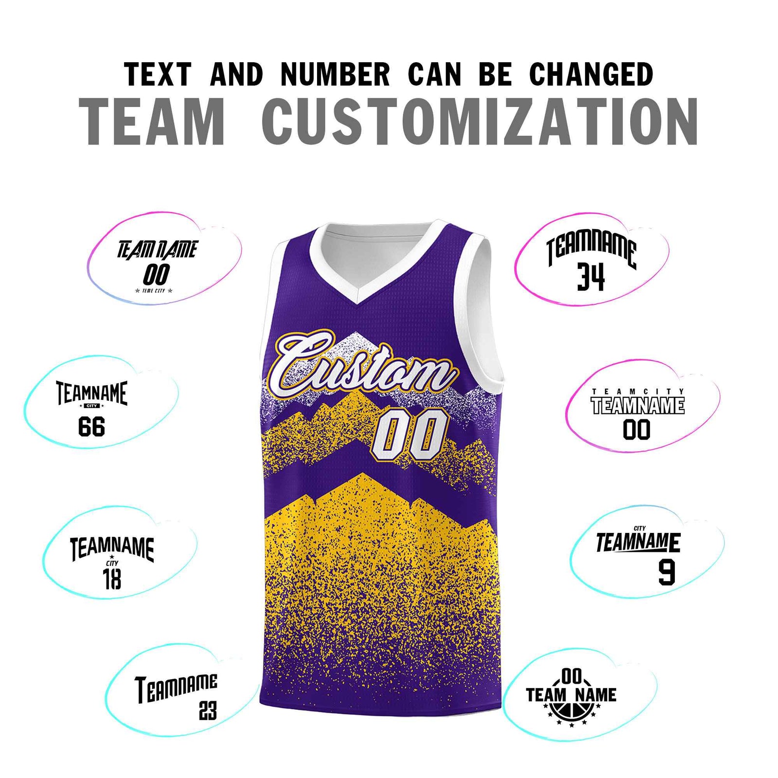 Personalized Youth Basketball Jerseys Purple Gold Gradient Mountain Design Uniforms