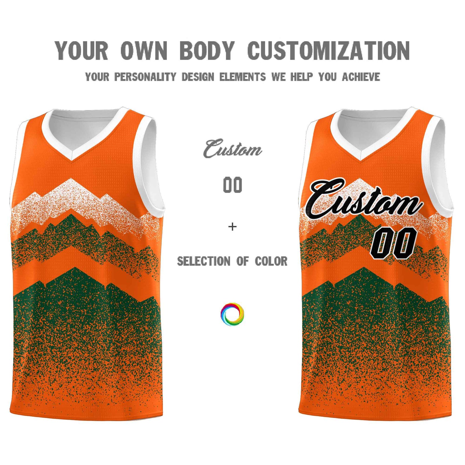 Personalized Youth Basketball Jerseys Orange Green Gradient Mountain Design Uniforms