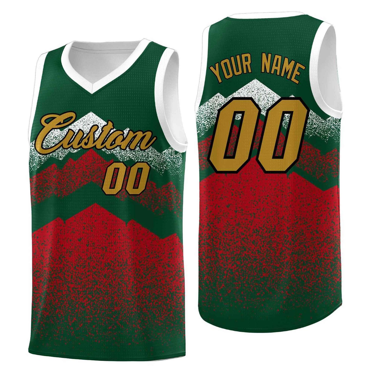 Personalized Youth Basketball Jerseys Green Red Gradient Mountain Design Uniforms