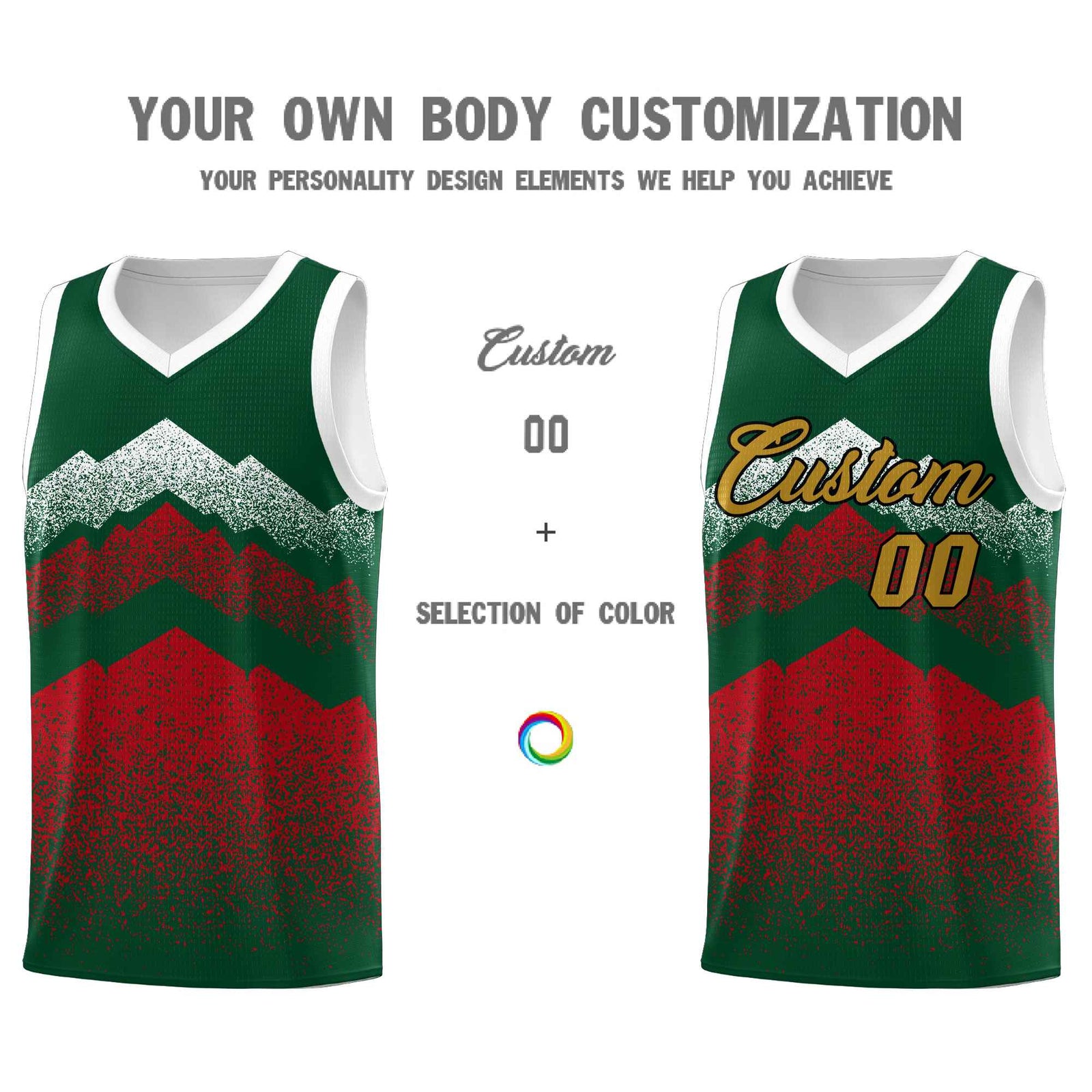 Personalized Youth Basketball Jerseys Green Red Gradient Mountain Design Uniforms