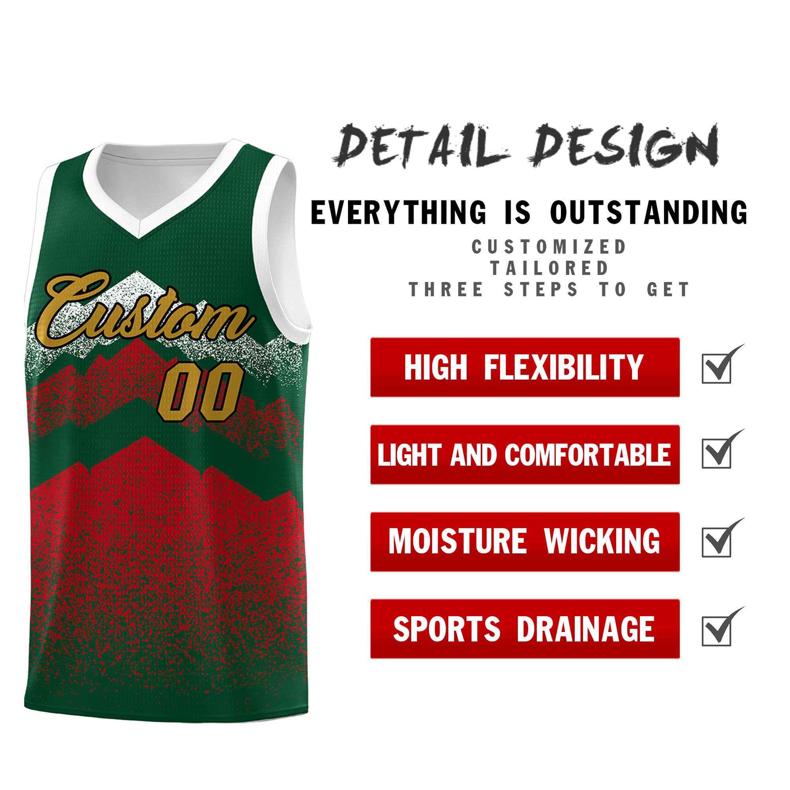Personalized Youth Basketball Jerseys Green Red Gradient Mountain Design Uniforms
