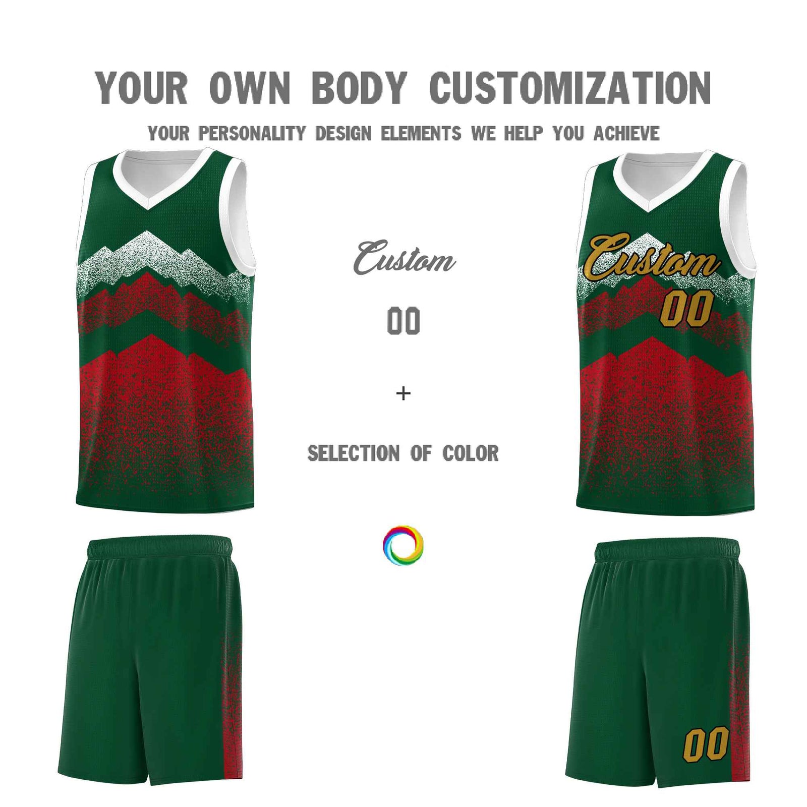 Personalized Youth Basketball Jerseys Green Red Gradient Mountain Design Uniforms