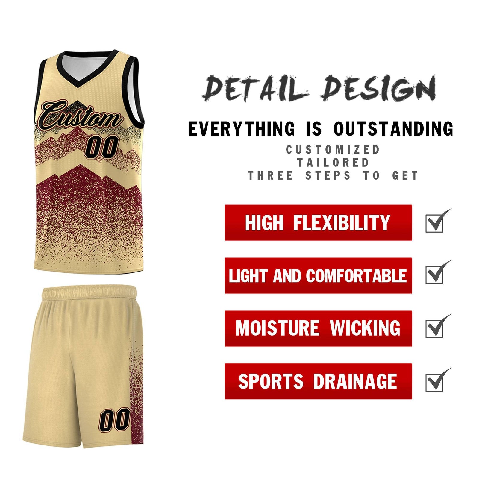Personalized Youth Basketball Jerseys Khaki Crimson Gradient Mountain Design Uniforms