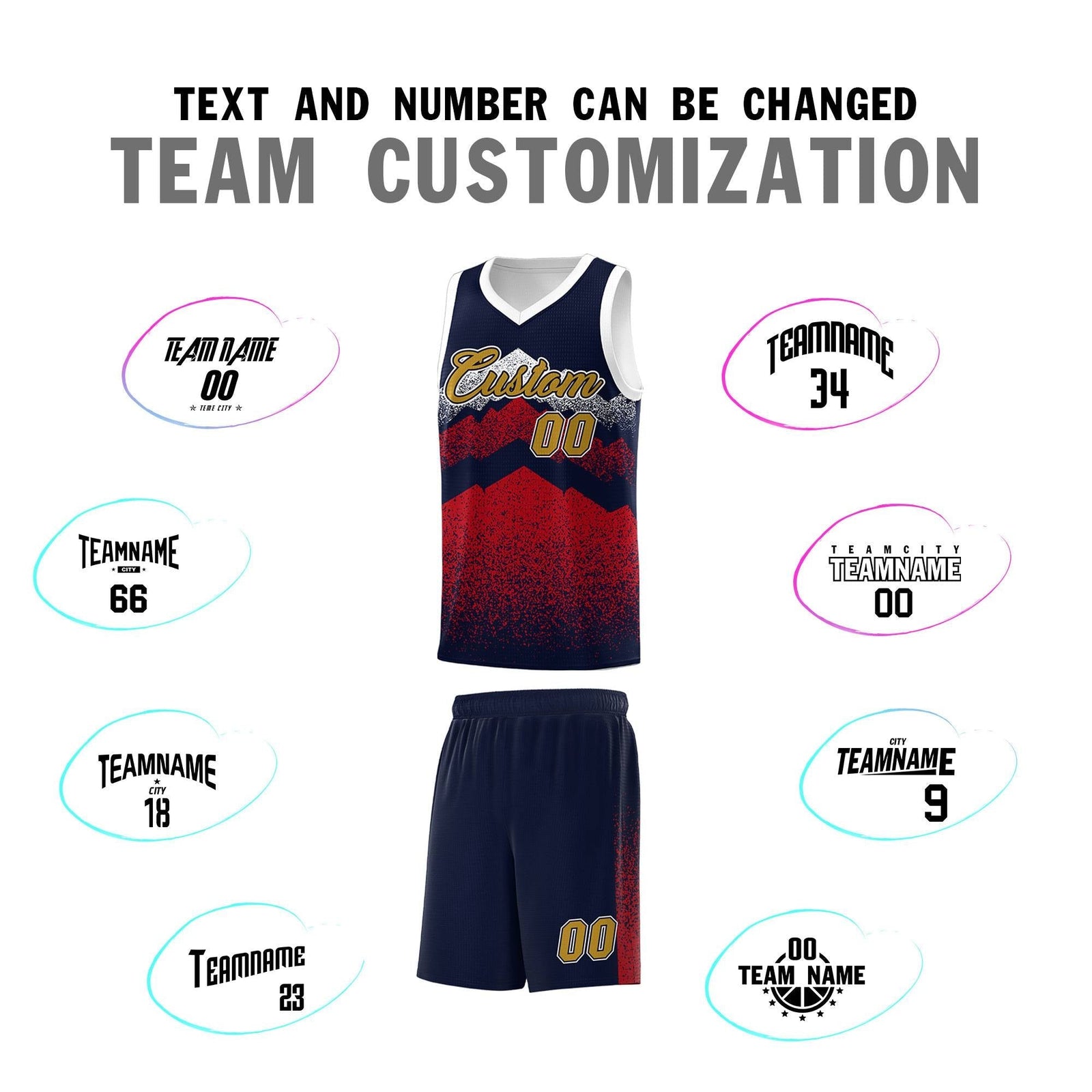 Personalized Youth Basketball Jerseys Navy Red Gradient Mountain Design Uniforms