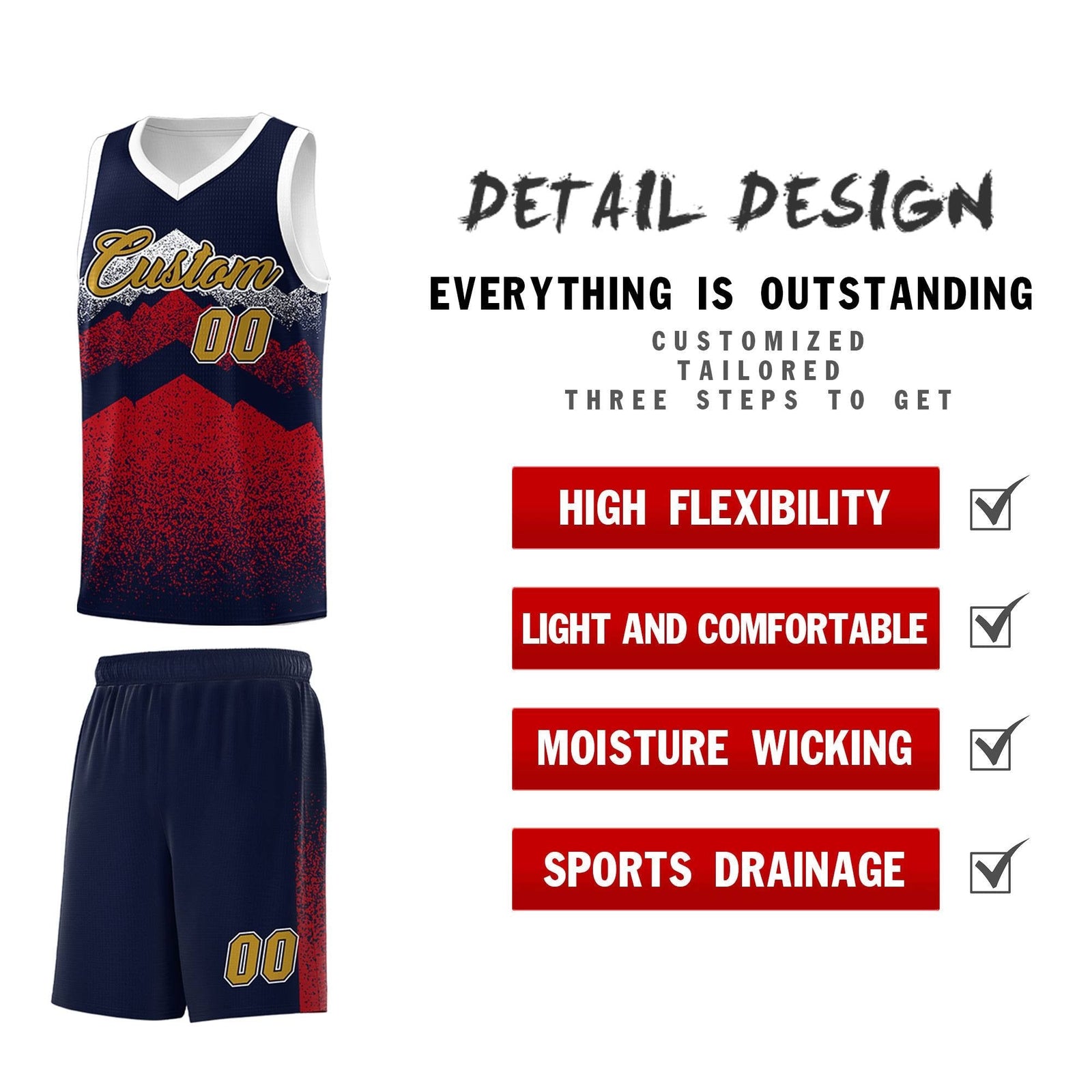Personalized Youth Basketball Jerseys Navy Red Gradient Mountain Design Uniforms