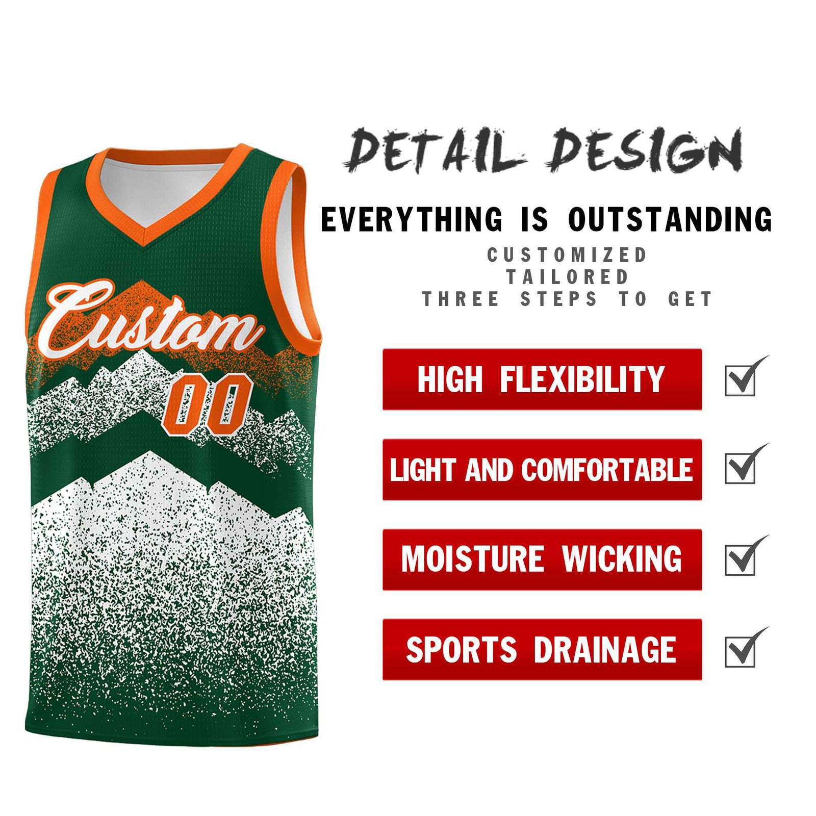 Personalized Youth Basketball Jerseys Green White Gradient Mountain Design Uniforms