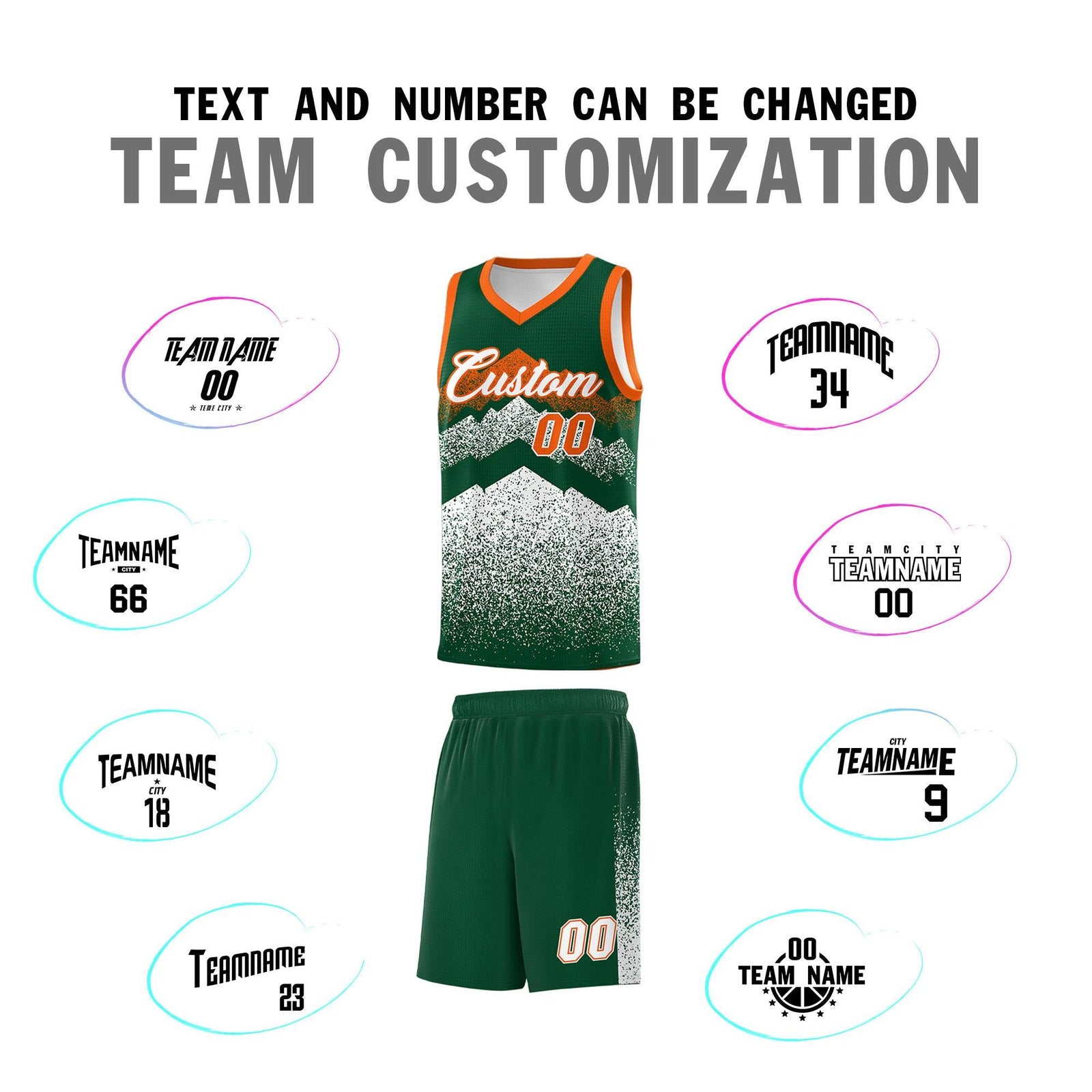 Personalized Youth Basketball Jerseys Green White Gradient Mountain Design Uniforms