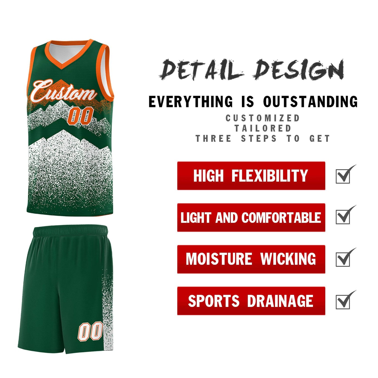 Personalized Youth Basketball Jerseys Green White Gradient Mountain Design Uniforms