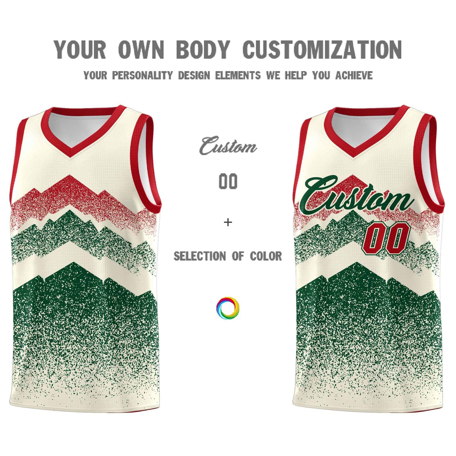 Personalized Youth Basketball Jerseys Cream Green Gradient Mountain Design Uniforms