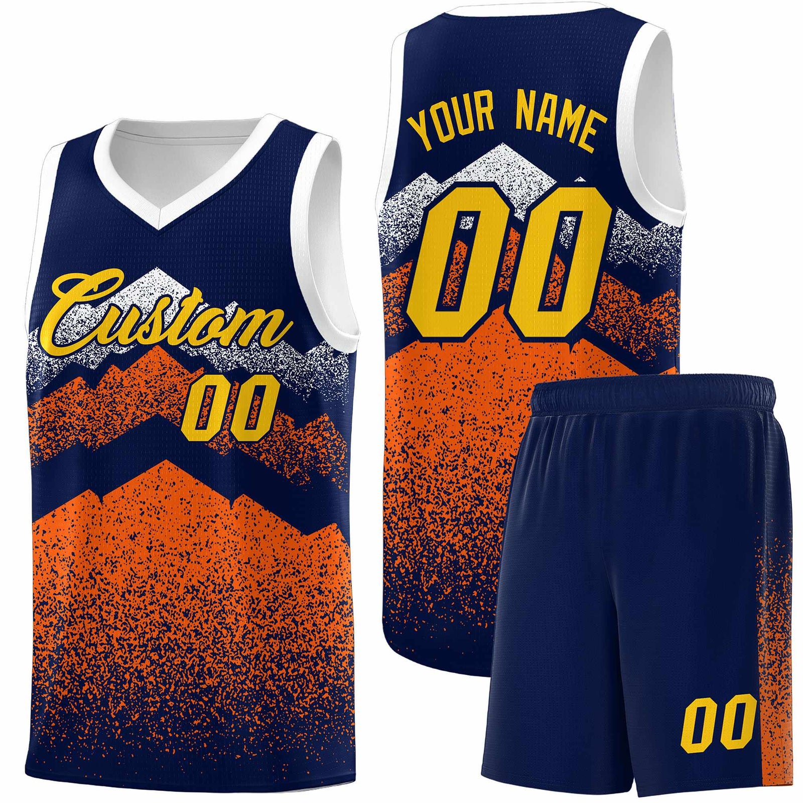 Personalized Youth Basketball Jerseys Navy Orange Gradient Mountain Design Uniforms