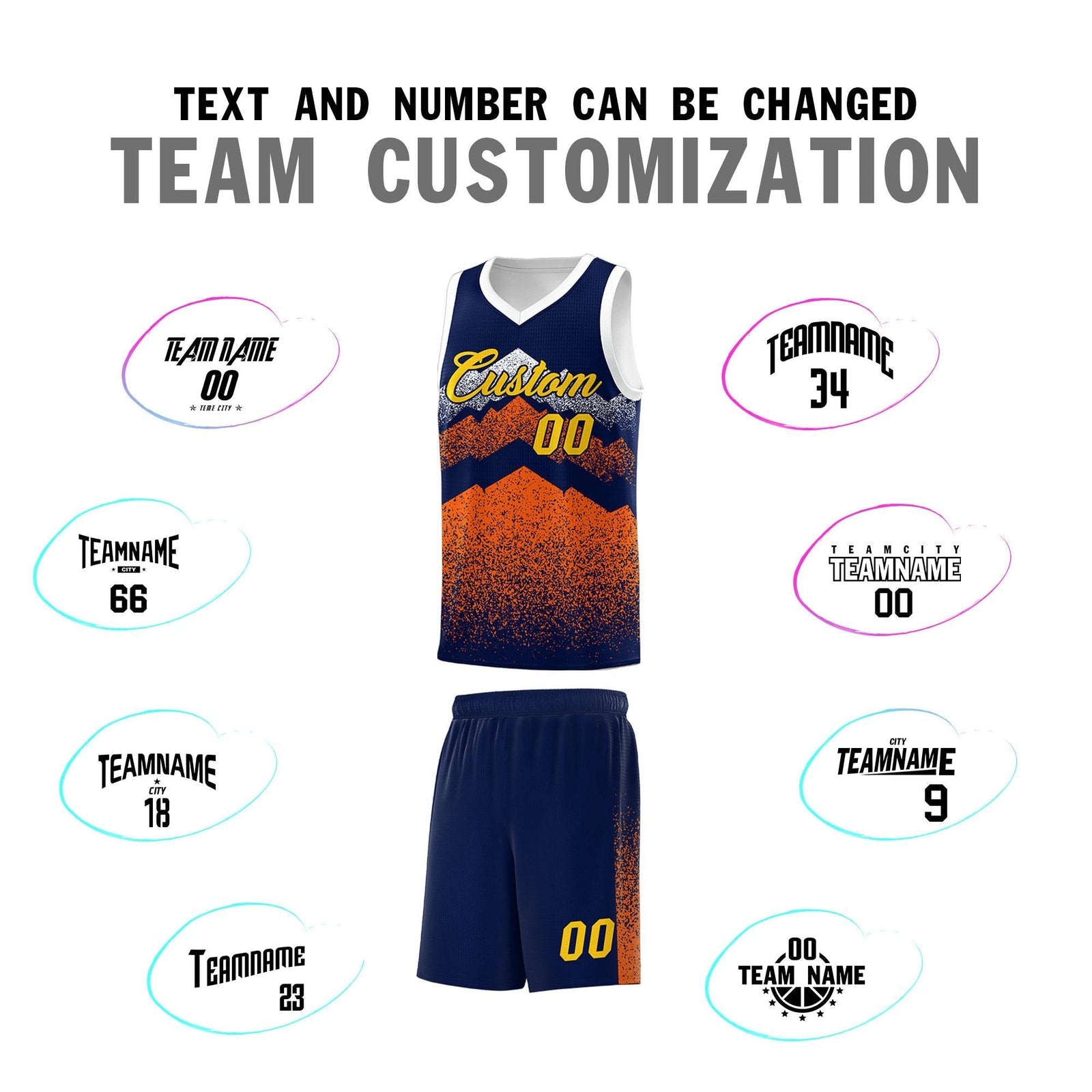 Personalized Youth Basketball Jerseys Navy Orange Gradient Mountain Design Uniforms