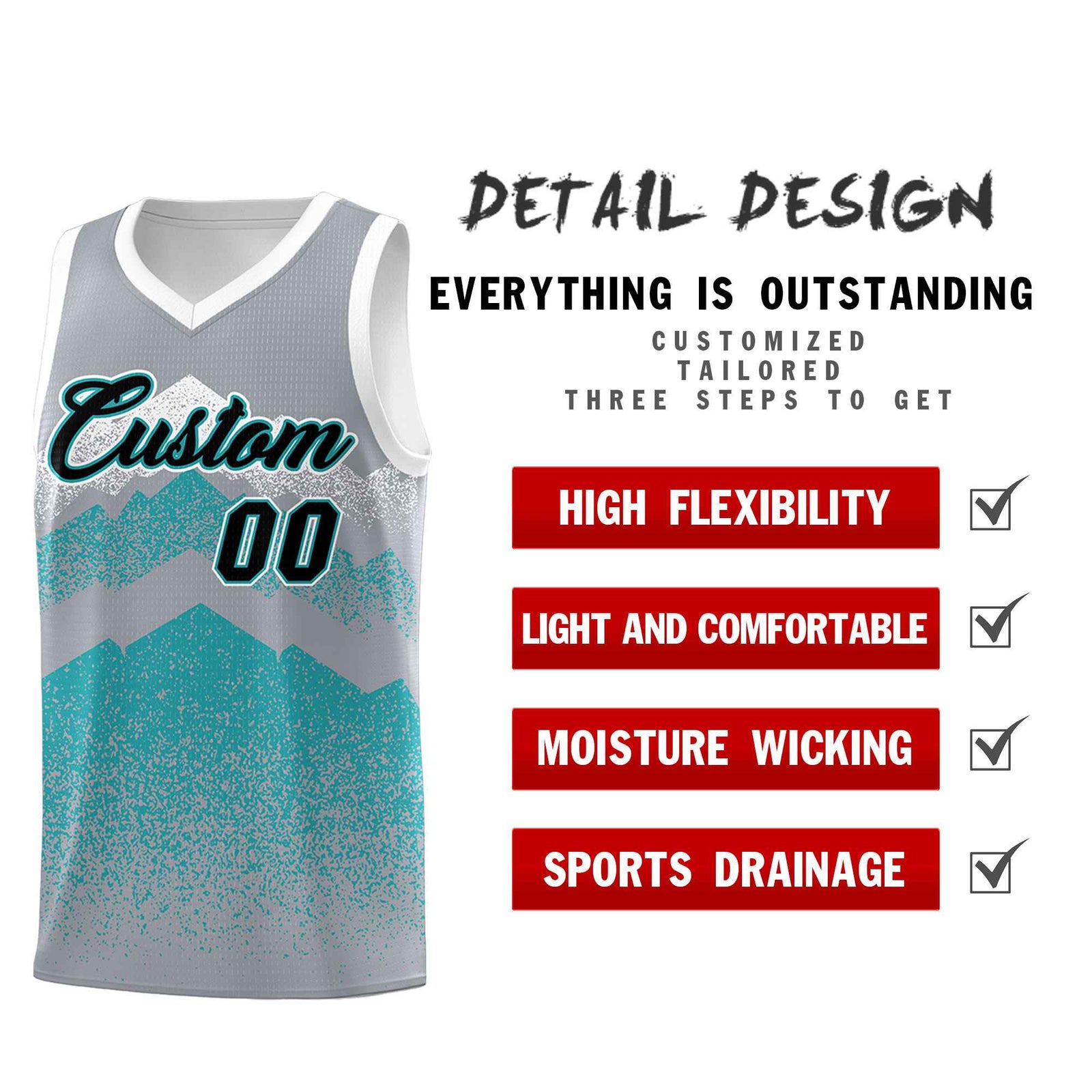 Personalized Youth Basketball Jerseys Silver Teal Gradient Mountain Design Uniforms