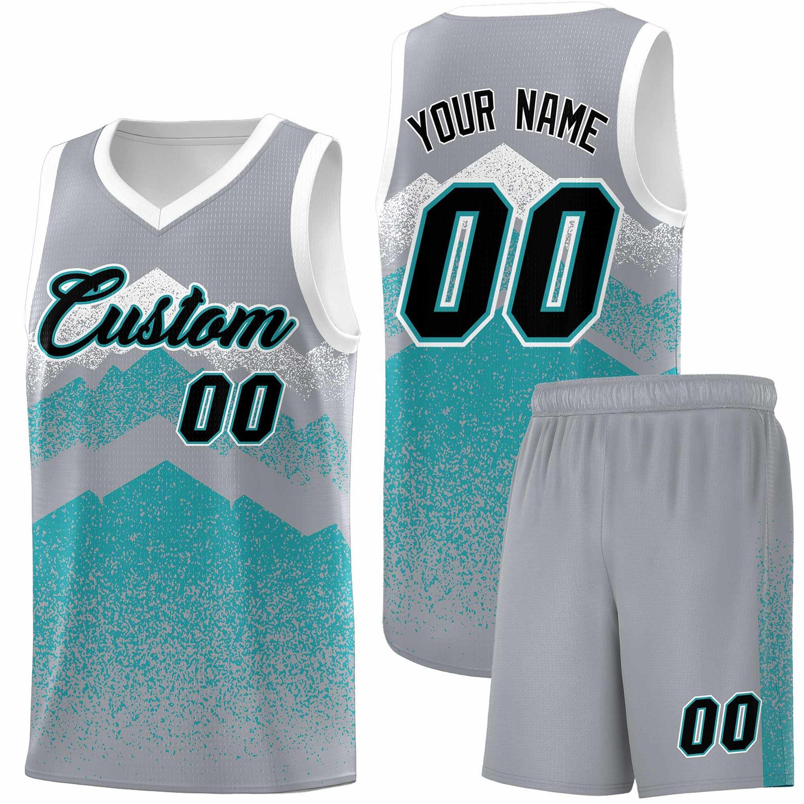 Personalized Youth Basketball Jerseys Silver Teal Gradient Mountain Design Uniforms