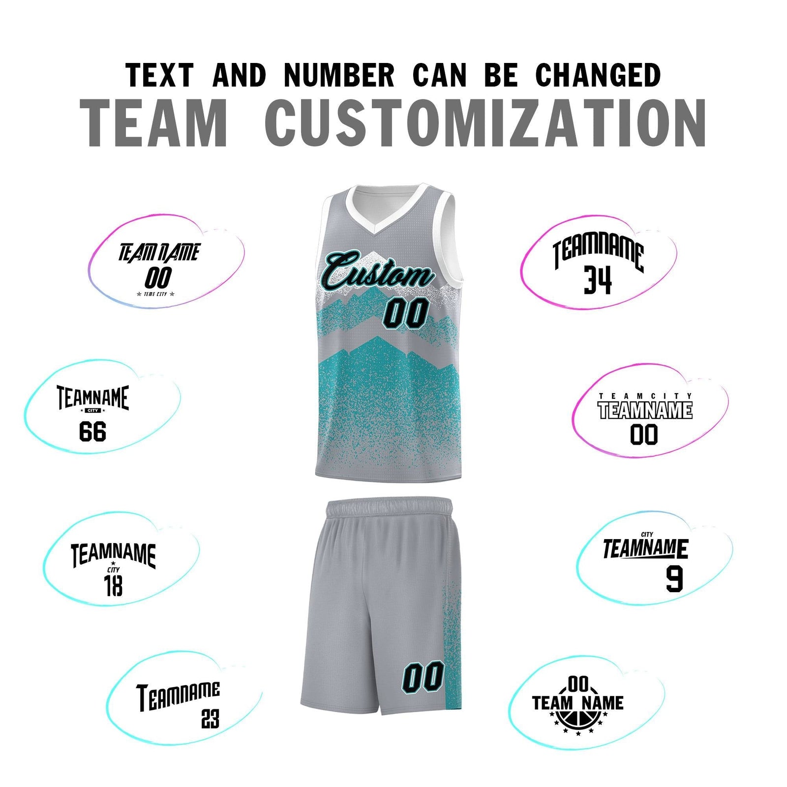 Personalized Youth Basketball Jerseys Silver Teal Gradient Mountain Design Uniforms