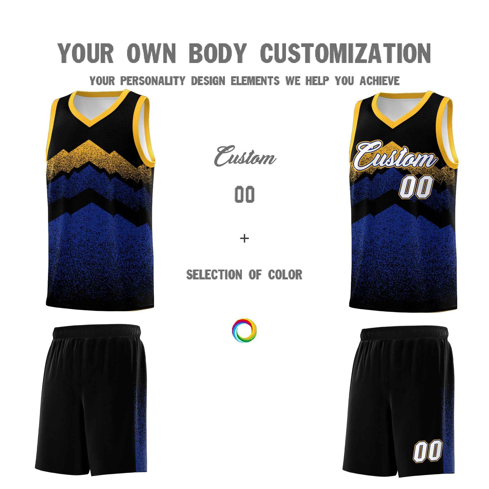 Personalized Youth Basketball Jerseys Black Royal Gradient Mountain Design Uniforms
