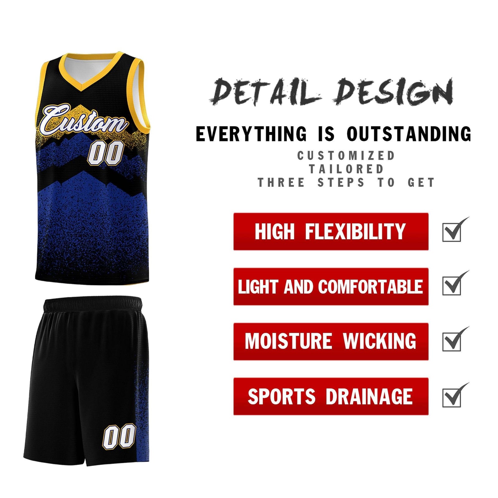 Personalized Youth Basketball Jerseys Black Royal Gradient Mountain Design Uniforms