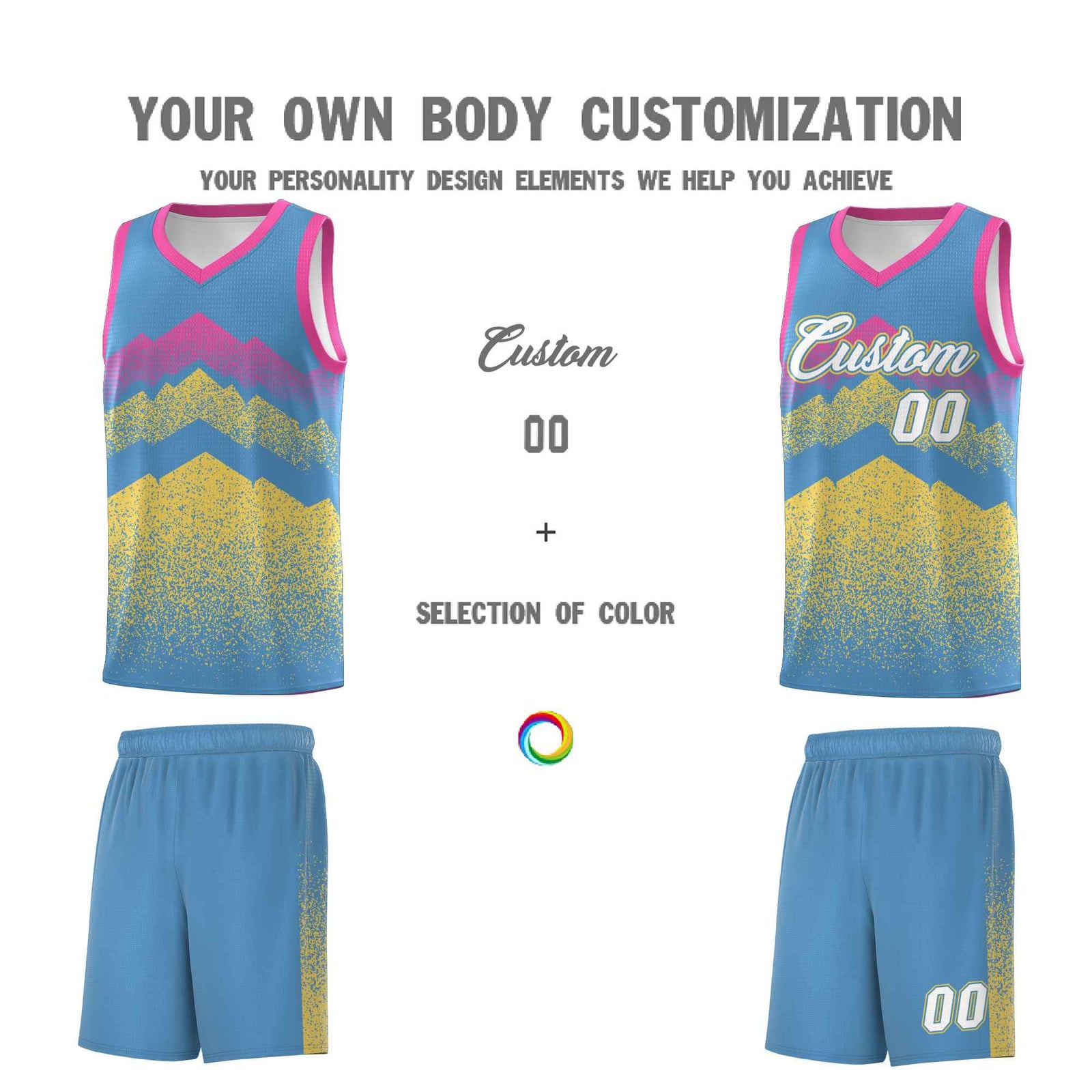 Personalized Youth Basketball Jerseys Light Blue Khaki Gradient Mountain Design Uniforms