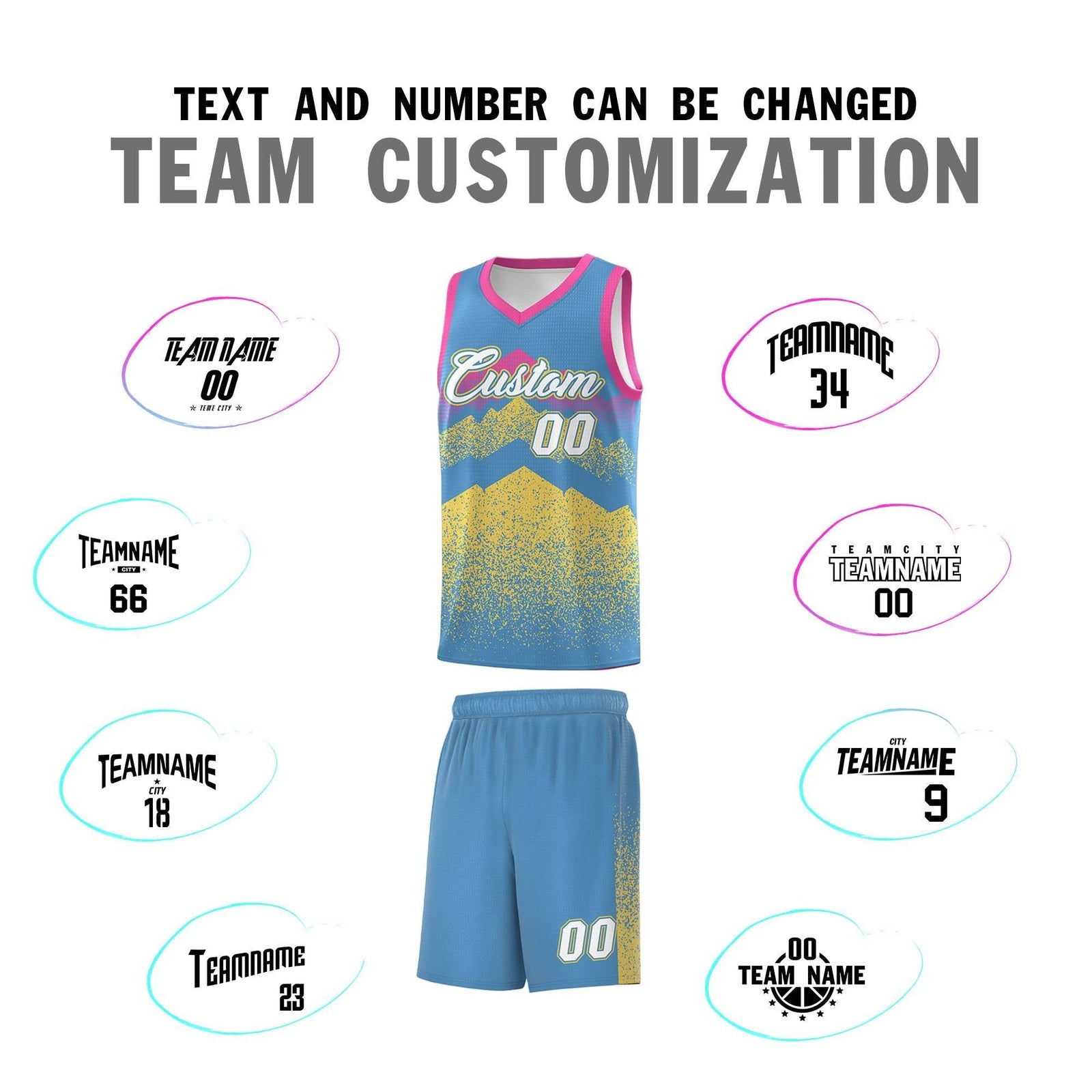 Personalized Youth Basketball Jerseys Light Blue Khaki Gradient Mountain Design Uniforms