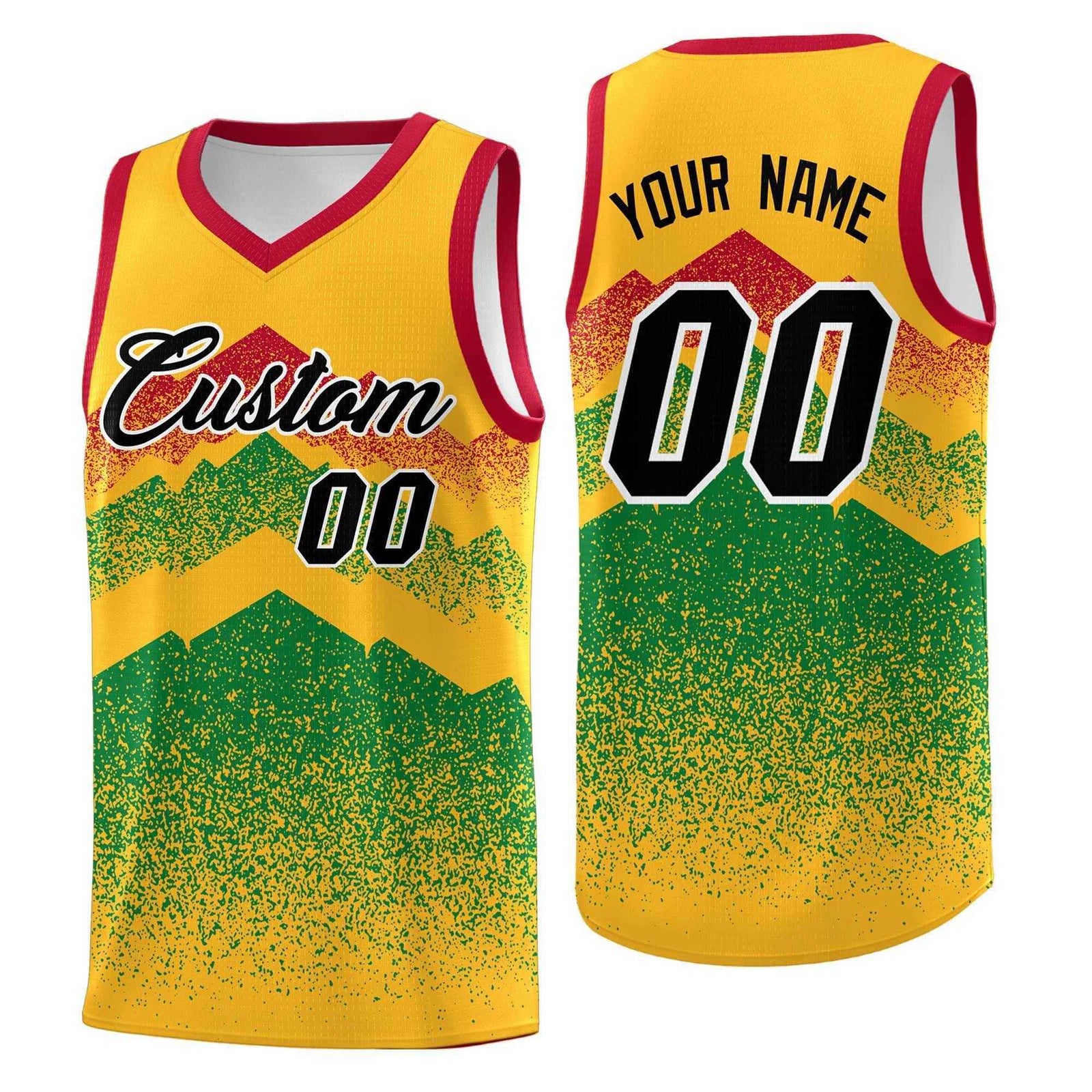 Personalized Youth Basketball Jerseys Gold Kelly Green Gradient Mountain Design Uniforms