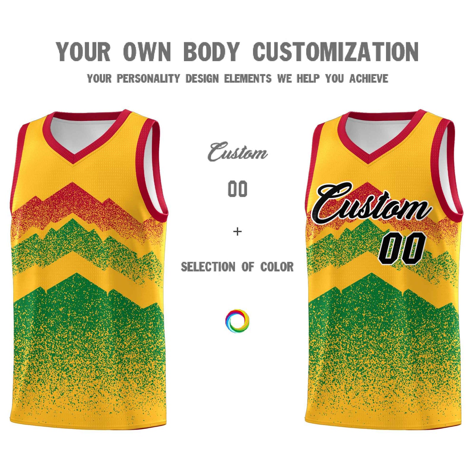 Personalized Youth Basketball Jerseys Gold Kelly Green Gradient Mountain Design Uniforms