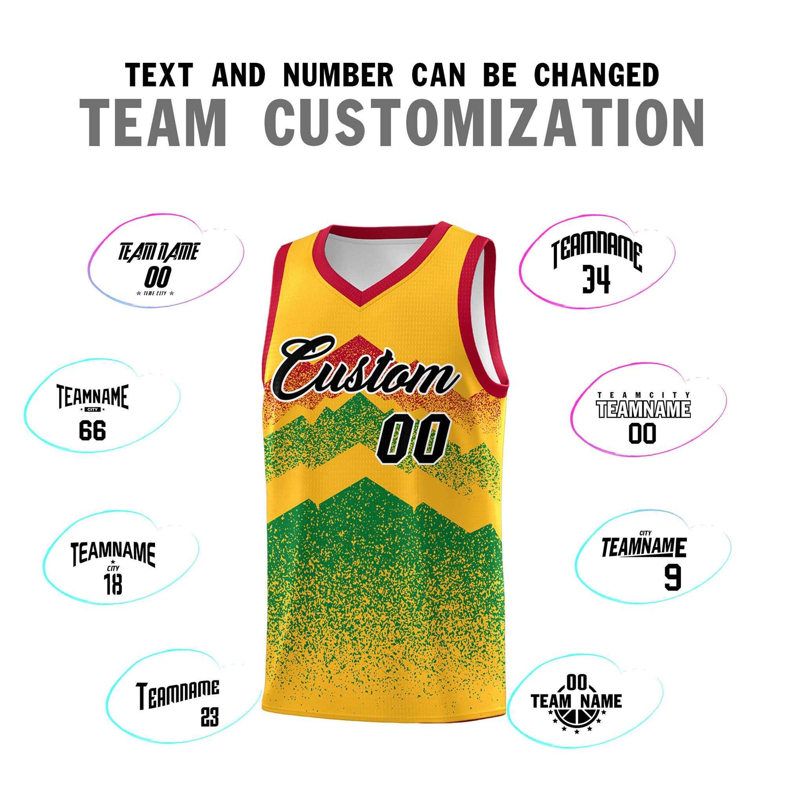 Personalized Youth Basketball Jerseys Gold Kelly Green Gradient Mountain Design Uniforms