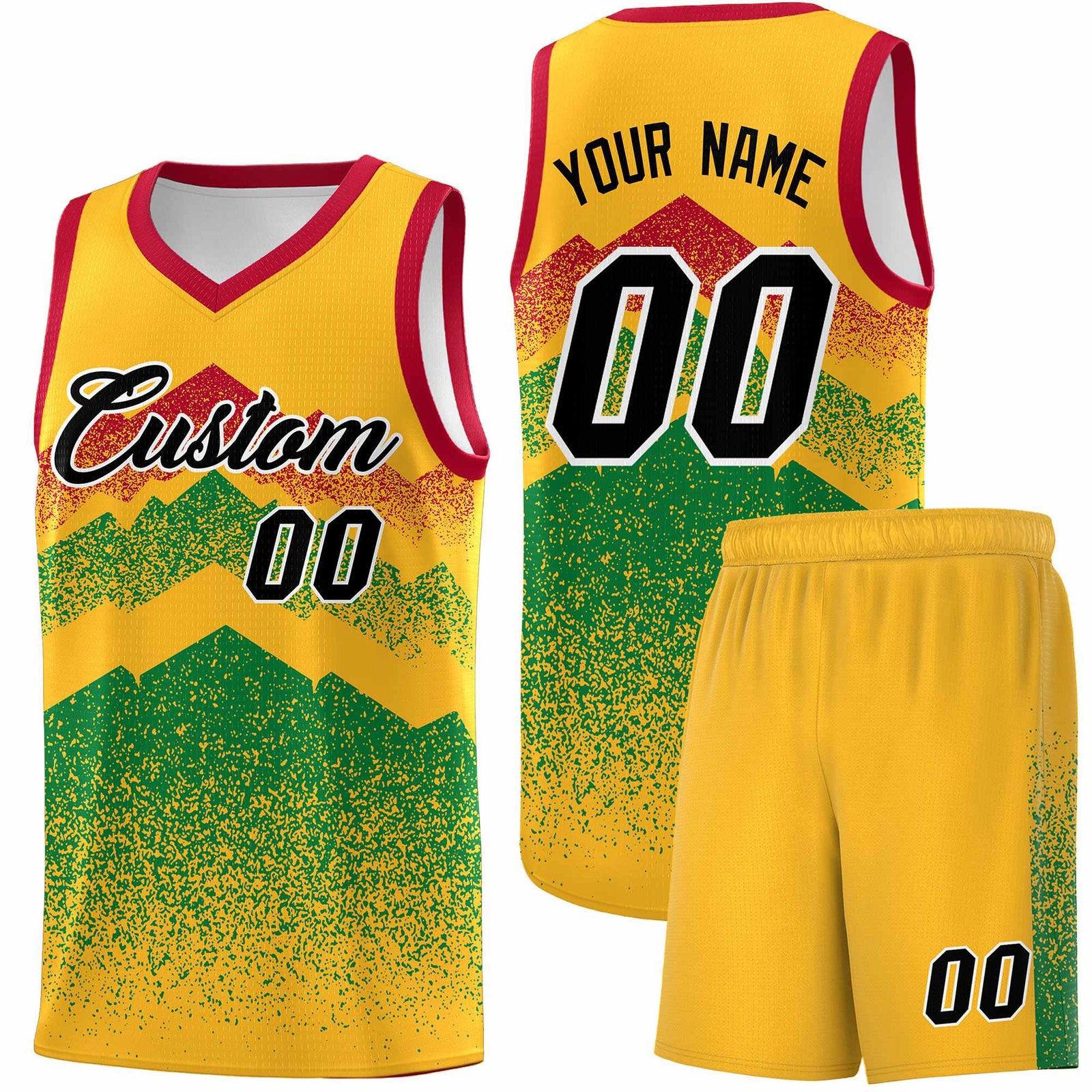 Personalized Youth Basketball Jerseys Gold Kelly Green Gradient Mountain Design Uniforms