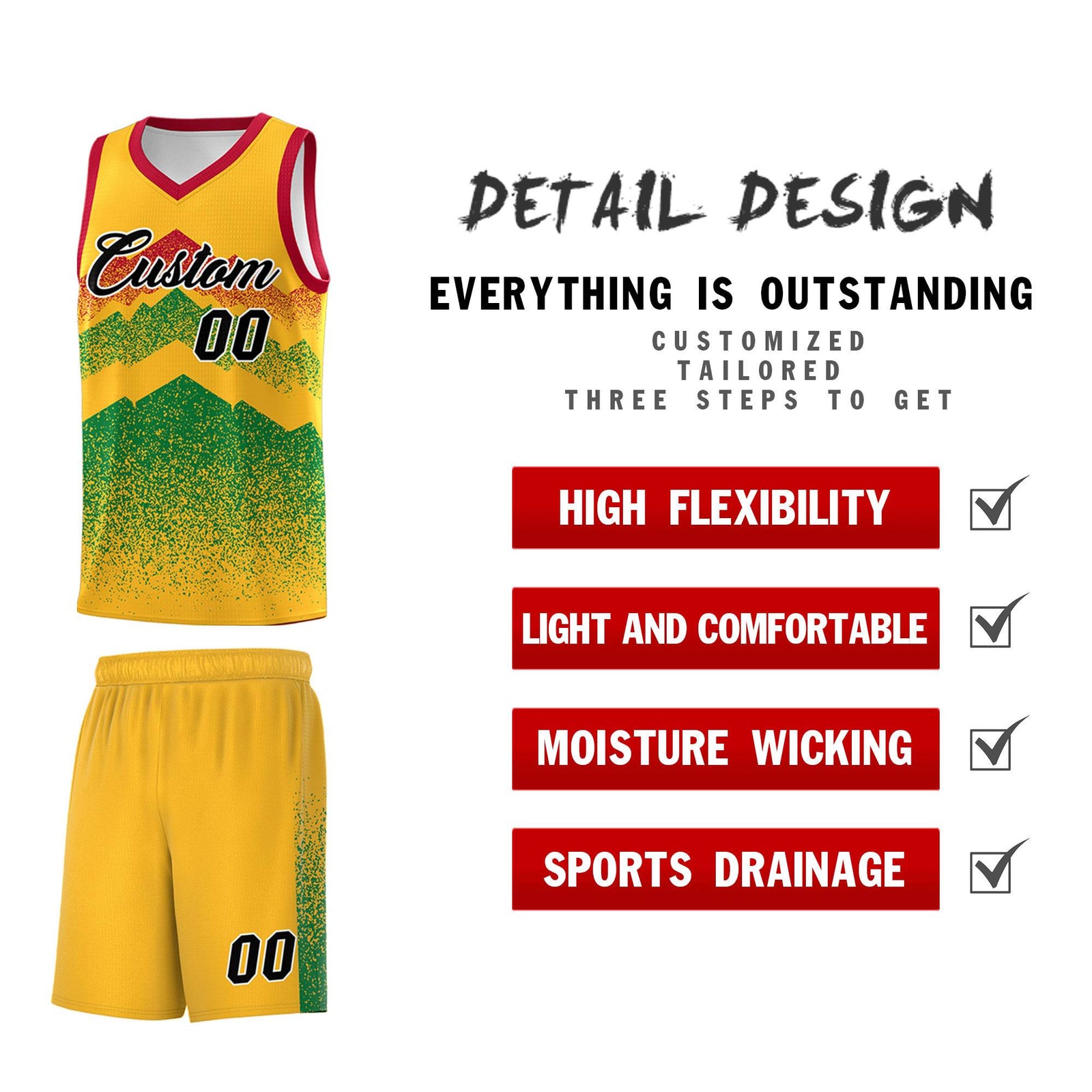 Personalized Youth Basketball Jerseys Gold Kelly Green Gradient Mountain Design Uniforms