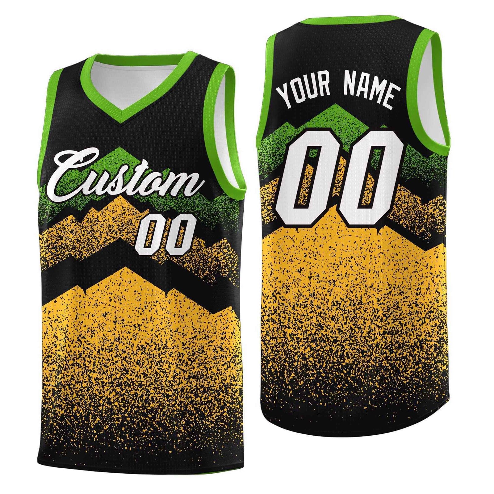 Personalized Youth Basketball Jerseys Black Gold Gradient Mountain Design Uniforms