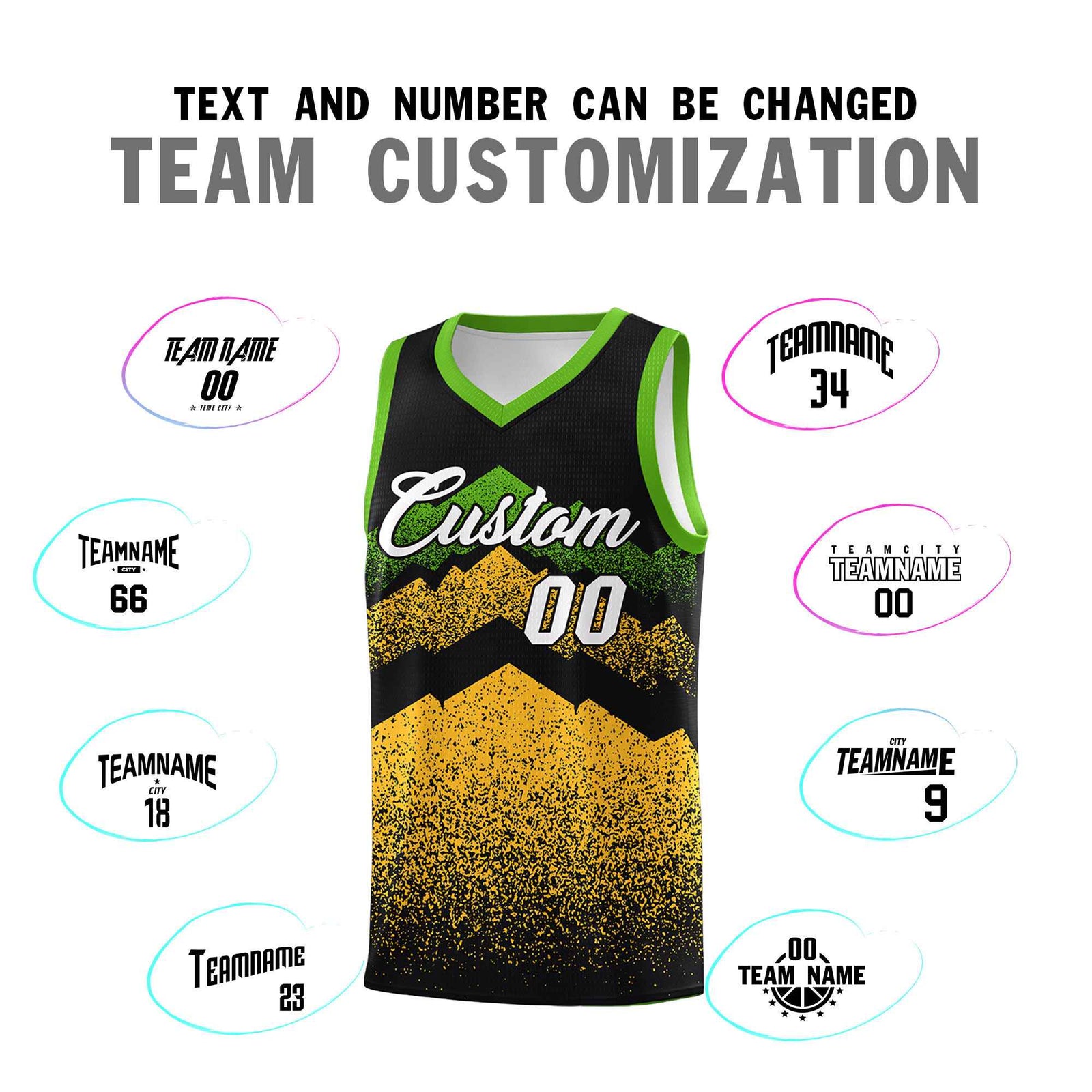 Personalized Youth Basketball Jerseys Black Gold Gradient Mountain Design Uniforms