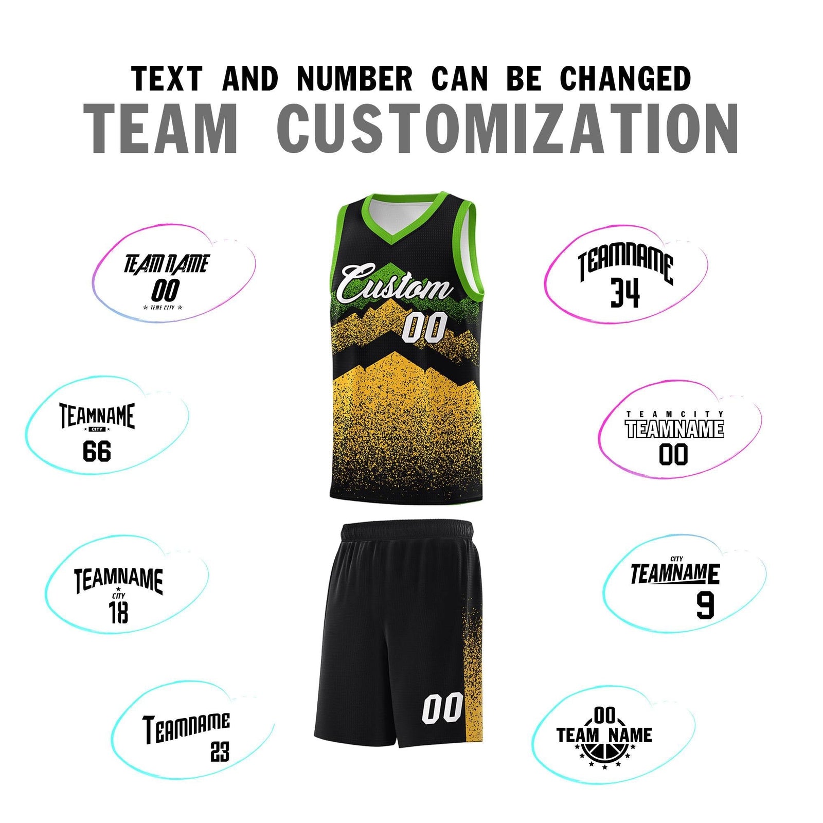 Personalized Youth Basketball Jerseys Black Gold Gradient Mountain Design Uniforms