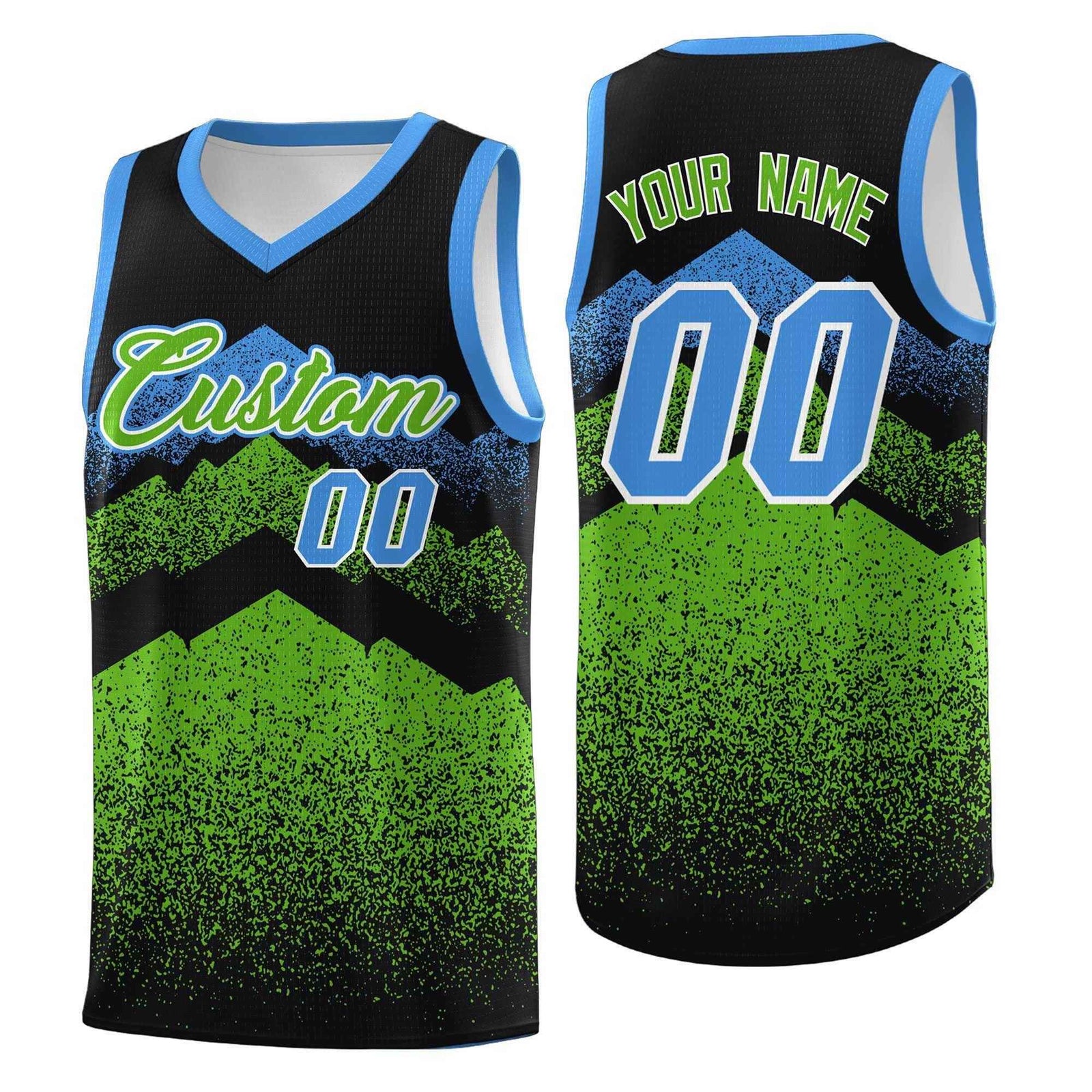 Personalized Youth Basketball Jerseys Black Green Gradient Mountain Design Uniforms