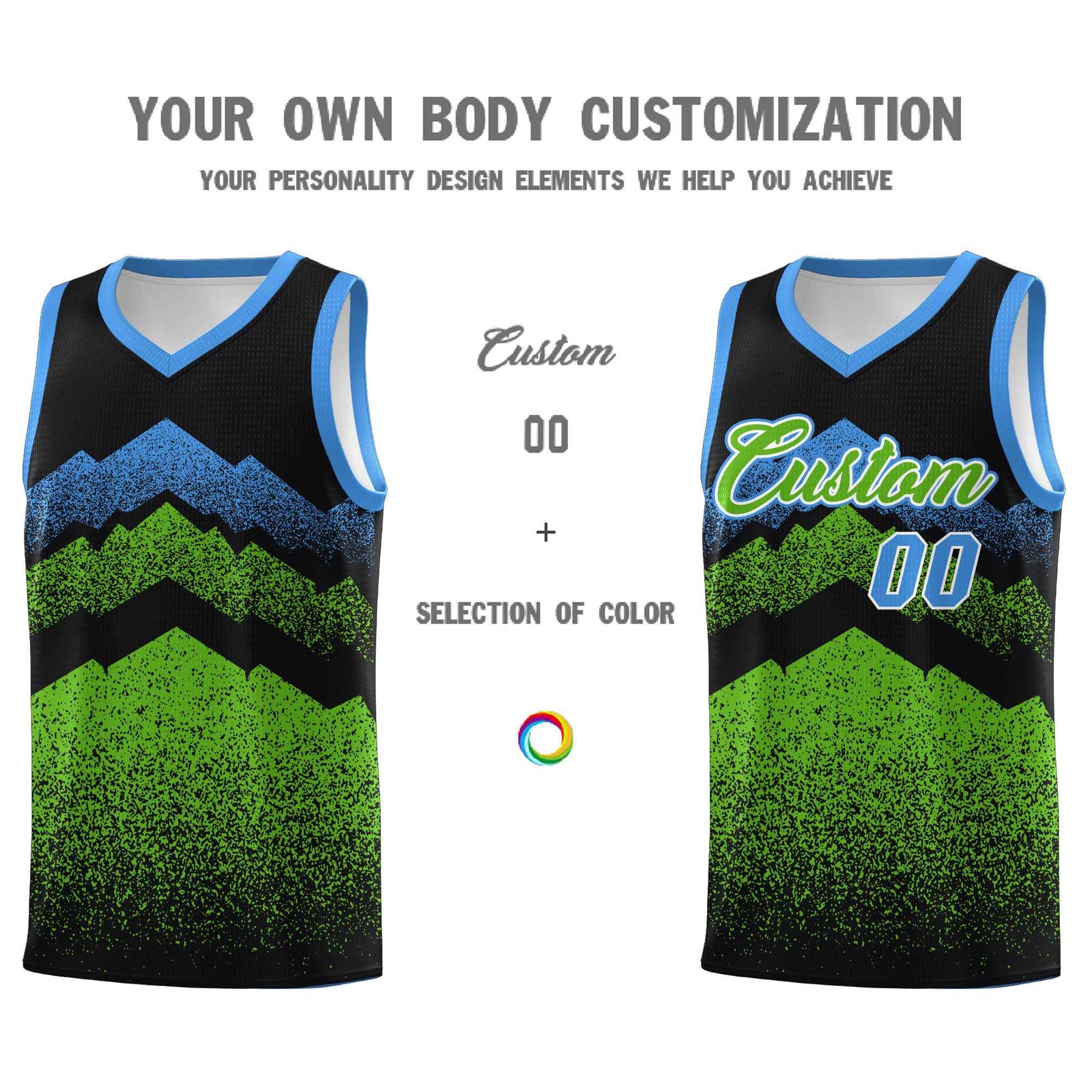 Personalized Youth Basketball Jerseys Black Green Gradient Mountain Design Uniforms