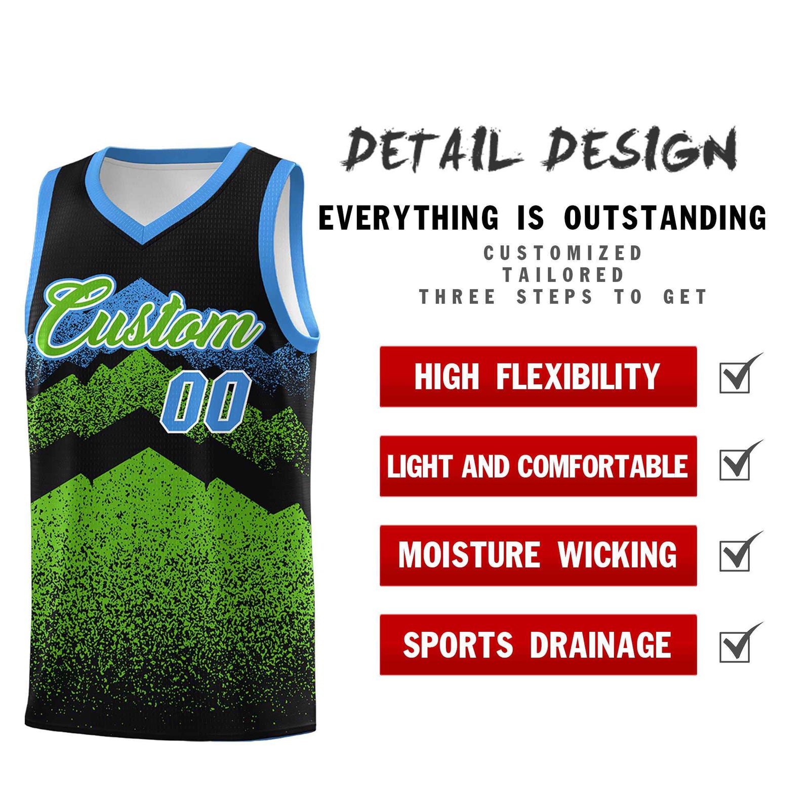 Personalized Youth Basketball Jerseys Black Green Gradient Mountain Design Uniforms
