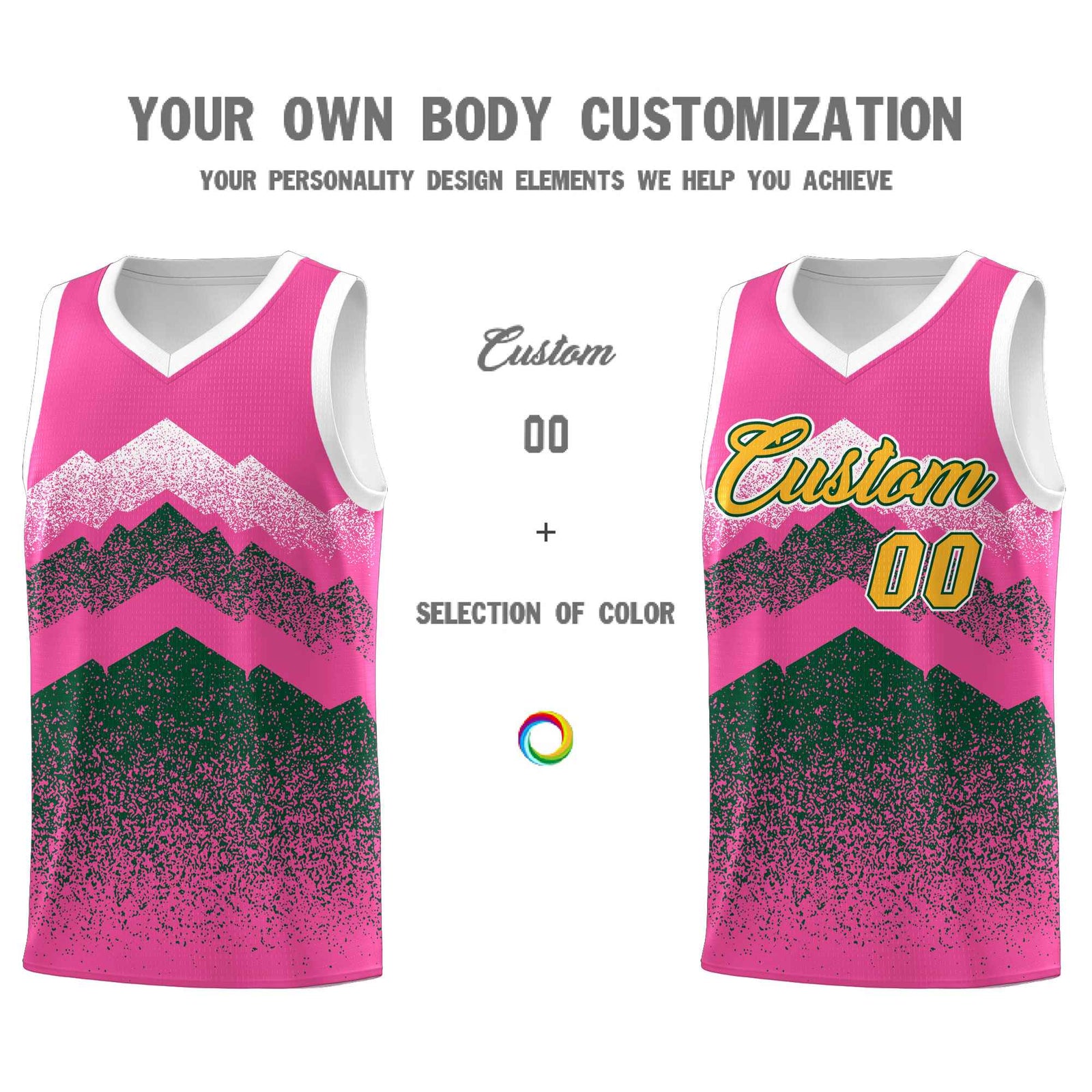 Personalized Youth Basketball Jerseys Pink Green Gradient Mountain Design Uniforms