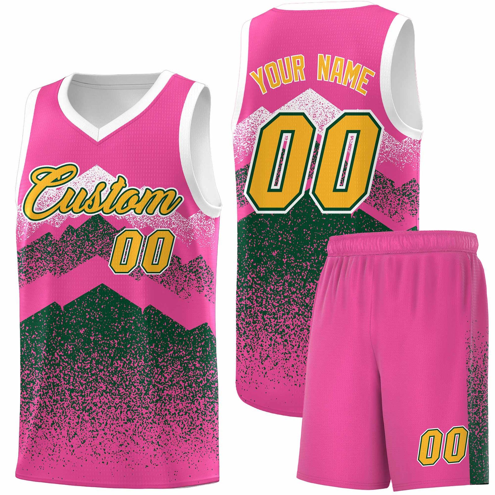 Personalized Youth Basketball Jerseys Pink Green Gradient Mountain Design Uniforms