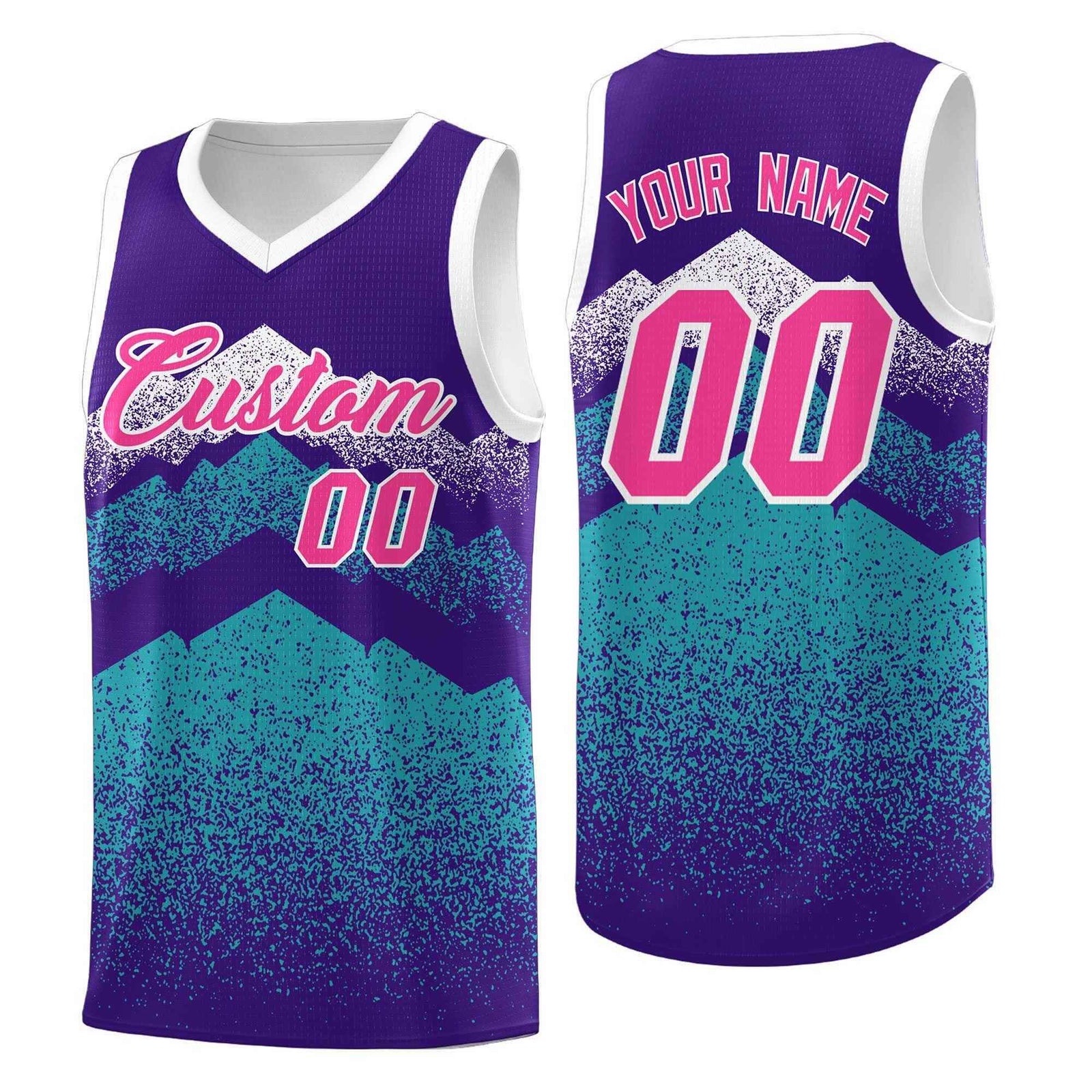 Personalized Youth Basketball Jerseys Purple Aqua Gradient Mountain Design Uniforms