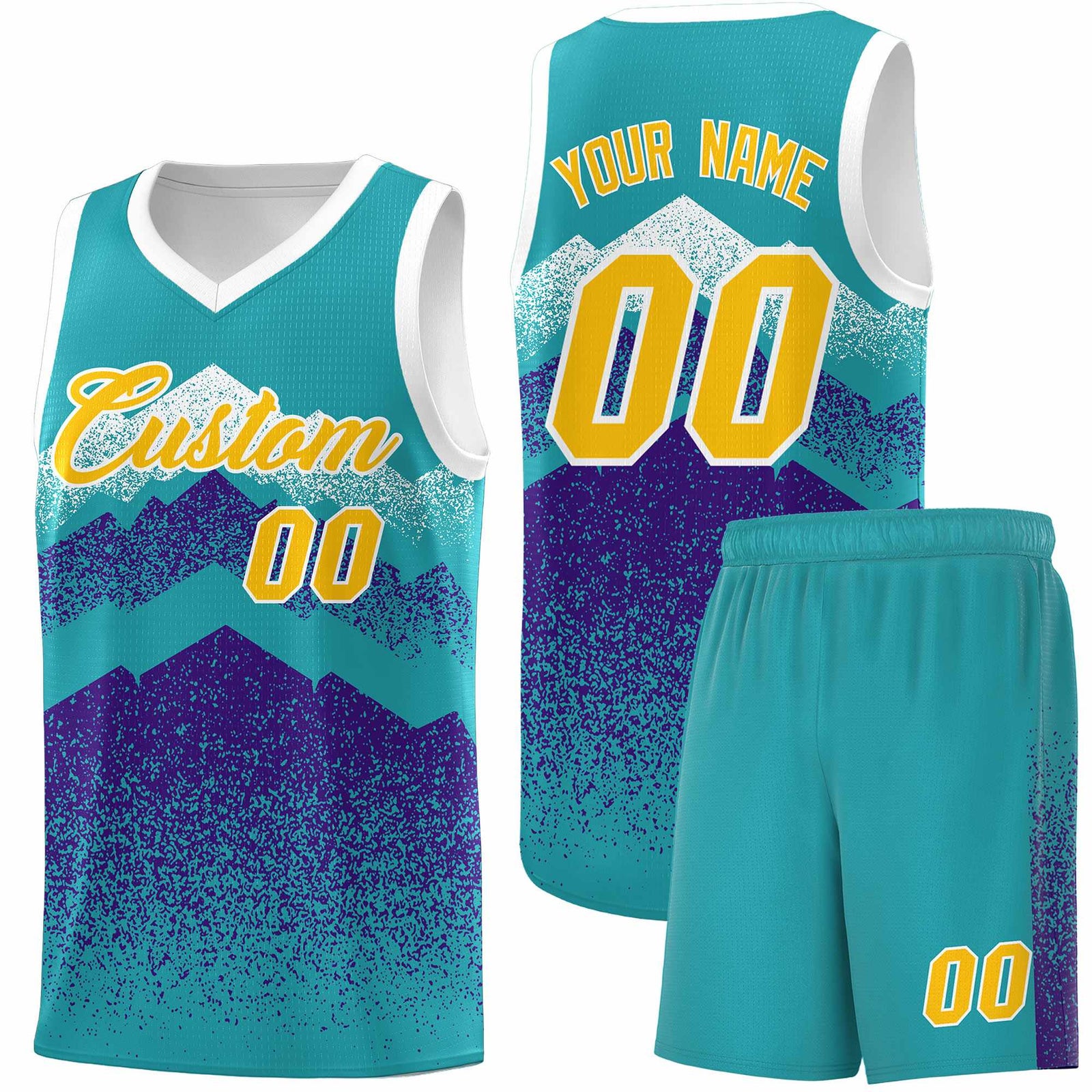 Personalized Youth Basketball Jerseys Aqua Purple Gradient Mountain Design Uniforms