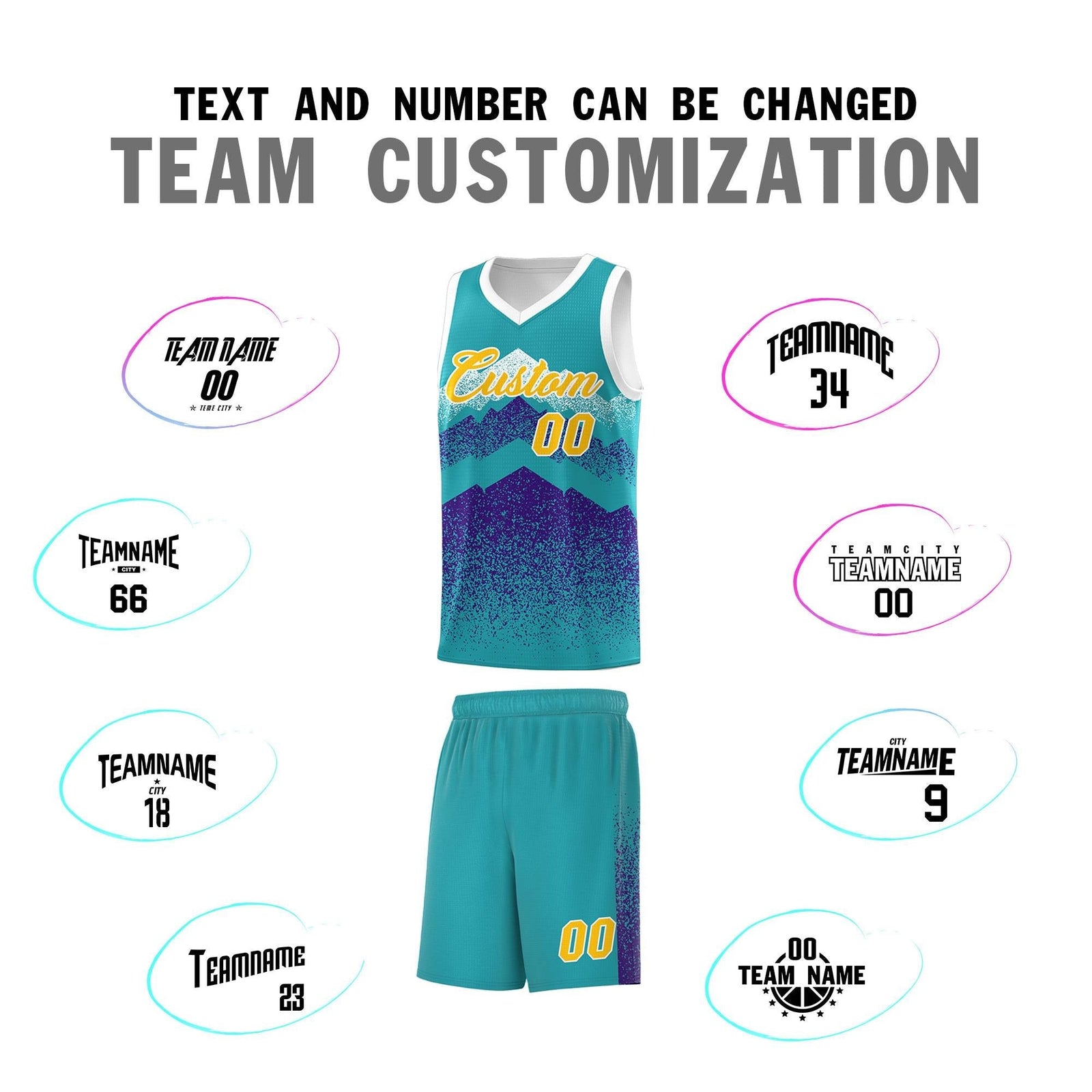 Personalized Youth Basketball Jerseys Aqua Purple Gradient Mountain Design Uniforms