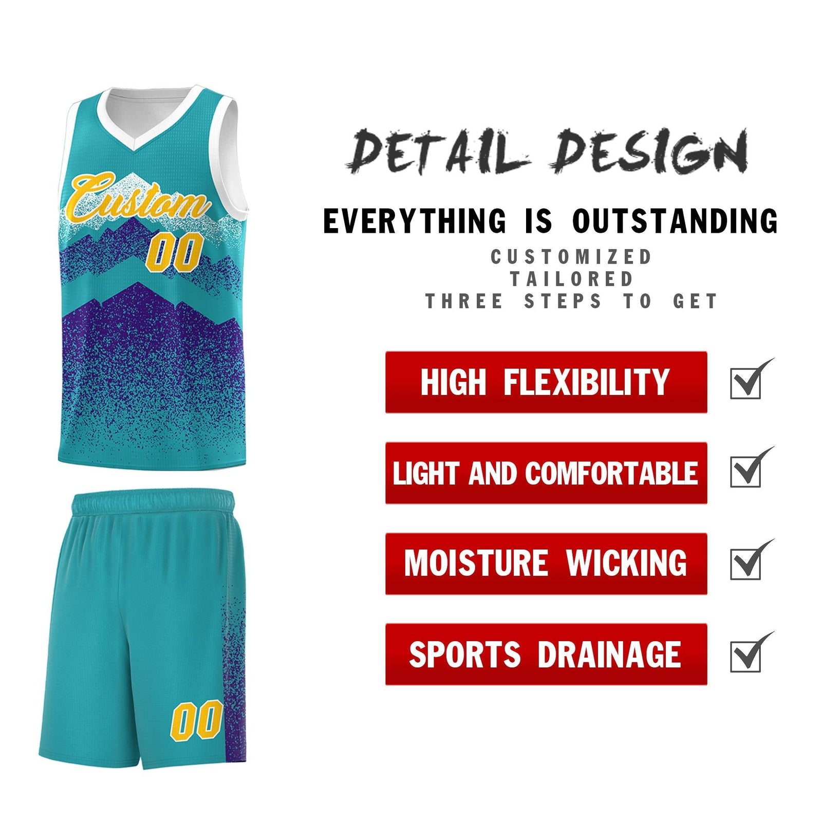 Personalized Youth Basketball Jerseys Aqua Purple Gradient Mountain Design Uniforms