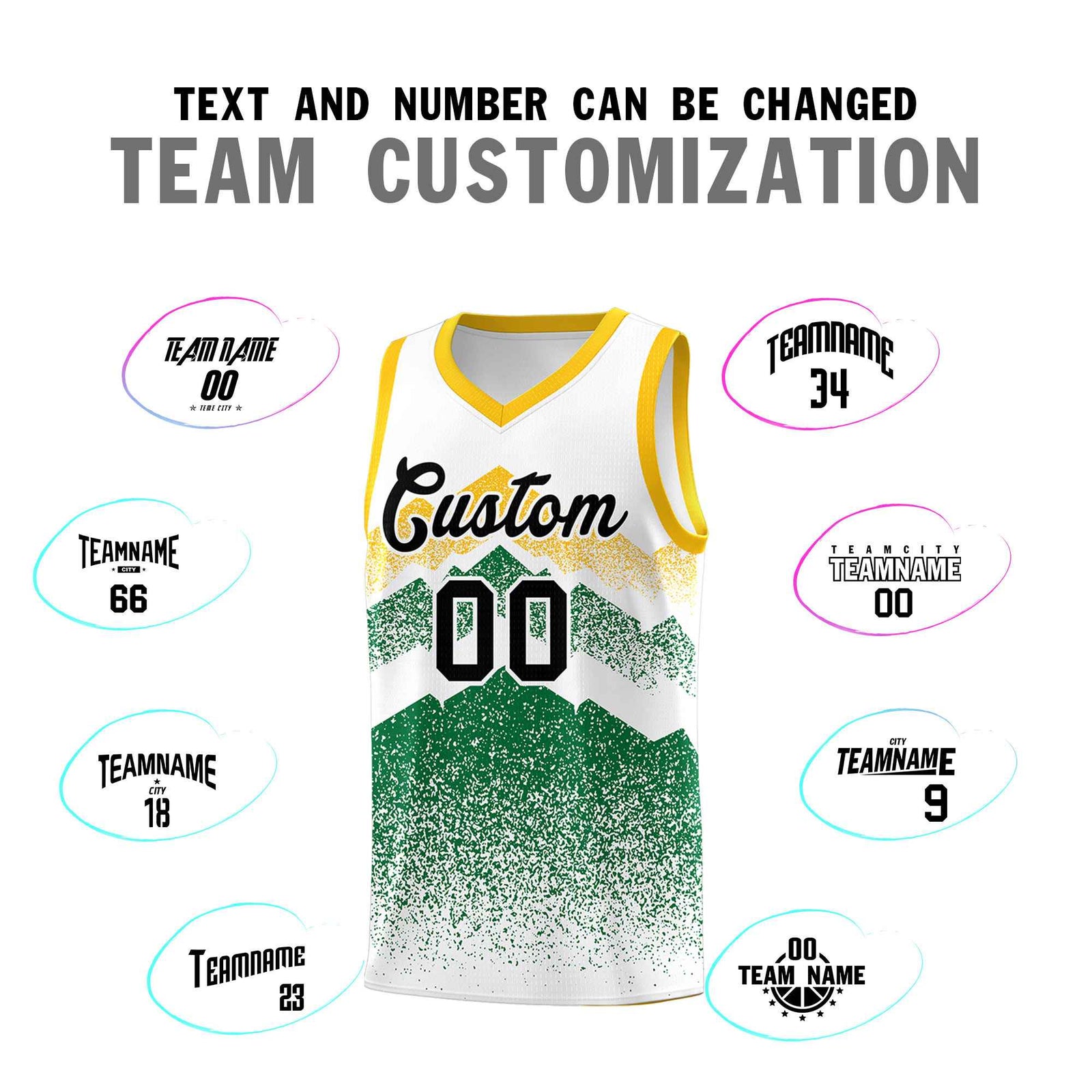Personalized Youth Basketball Jerseys White Kelly Green Gradient Mountain Design Uniforms