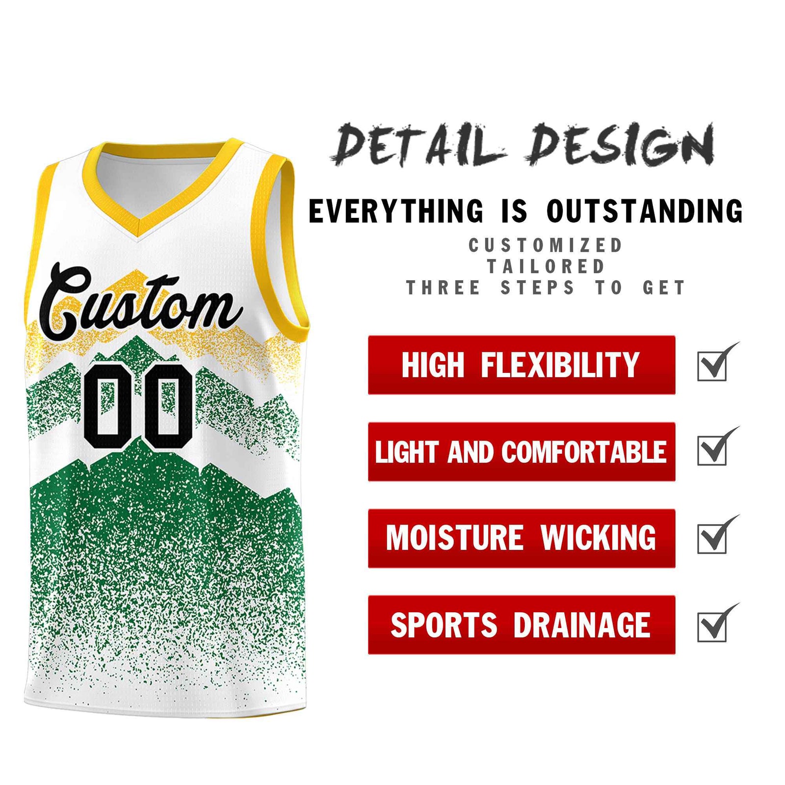Personalized Youth Basketball Jerseys White Kelly Green Gradient Mountain Design Uniforms