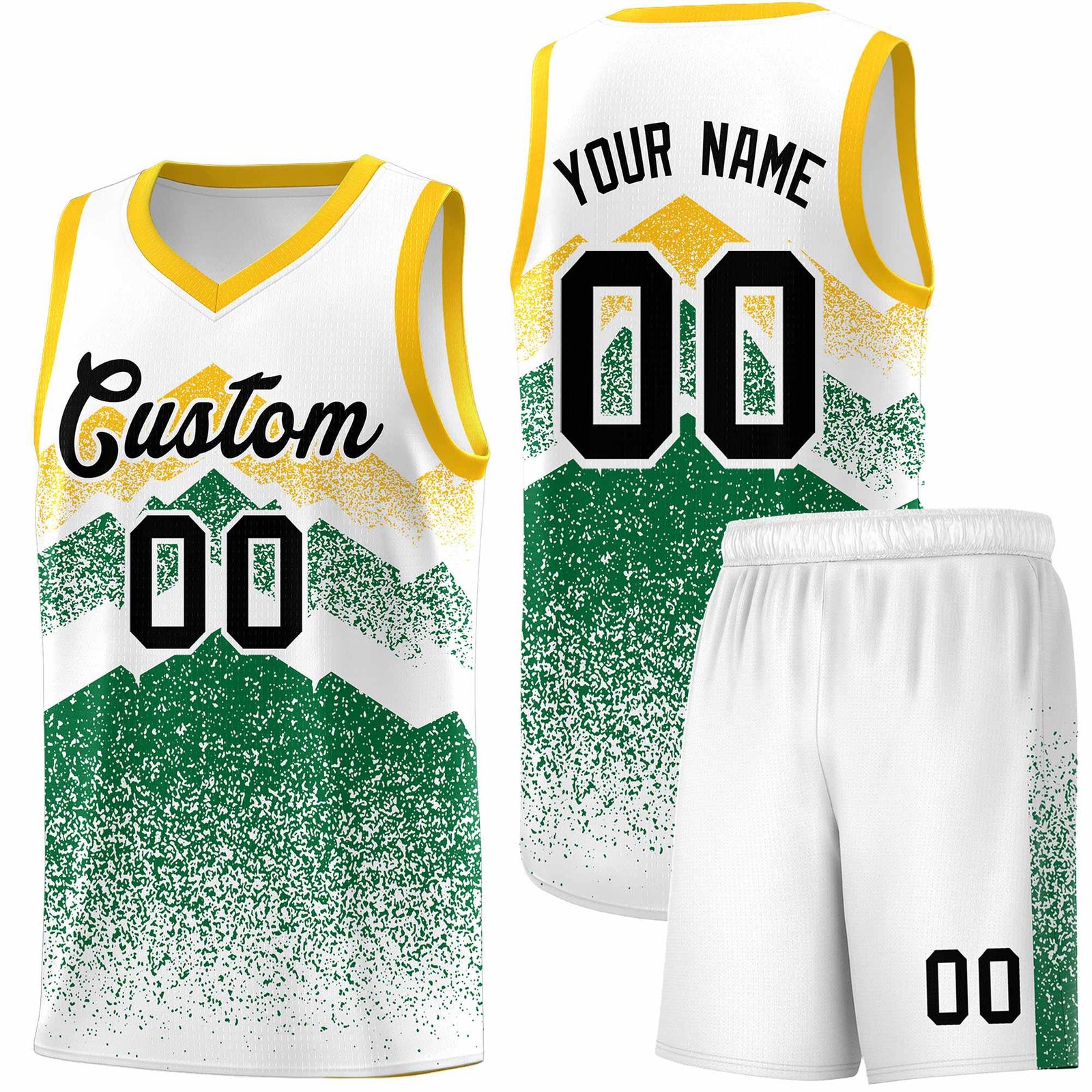 Personalized Youth Basketball Jerseys White Kelly Green Gradient Mountain Design Uniforms