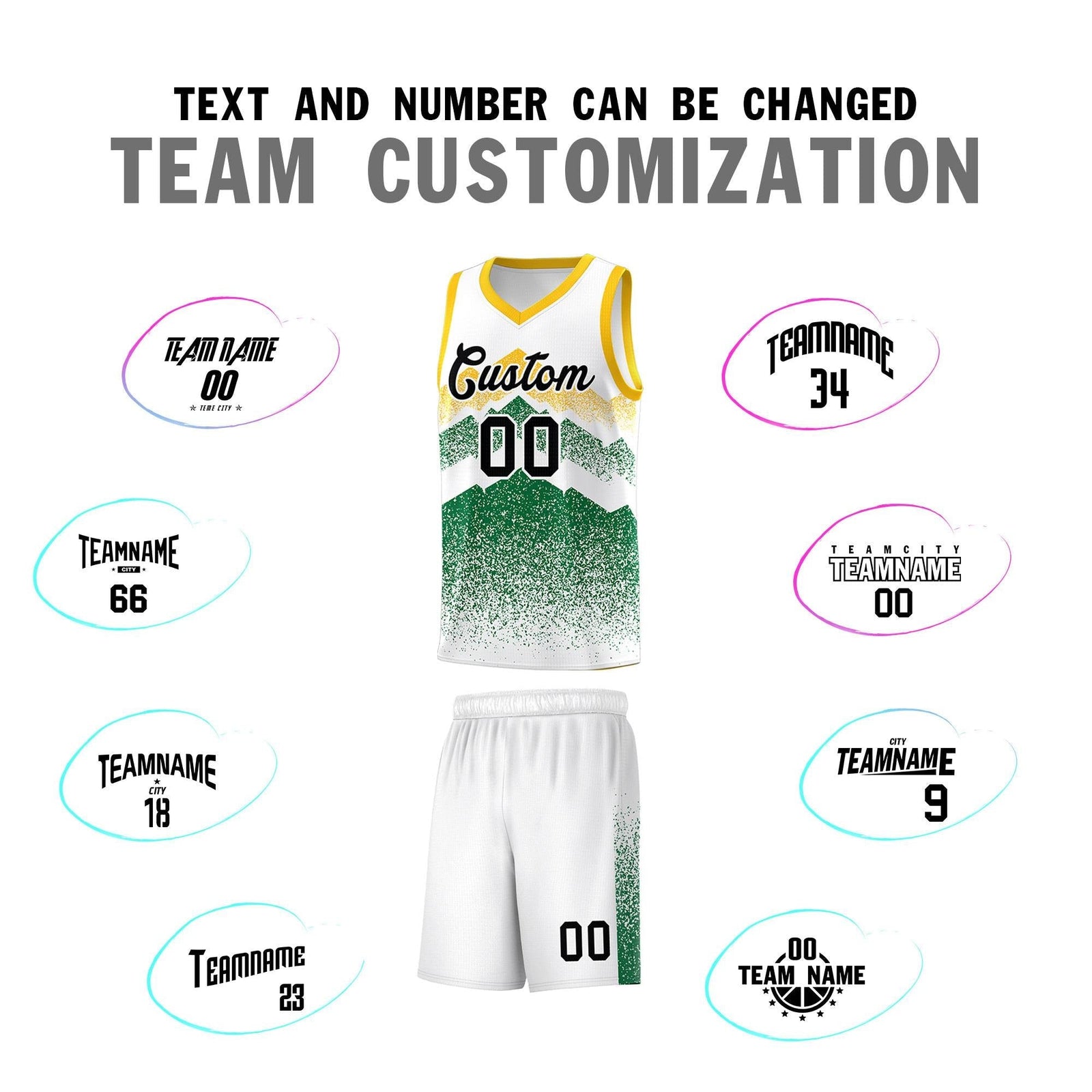 Personalized Youth Basketball Jerseys White Kelly Green Gradient Mountain Design Uniforms