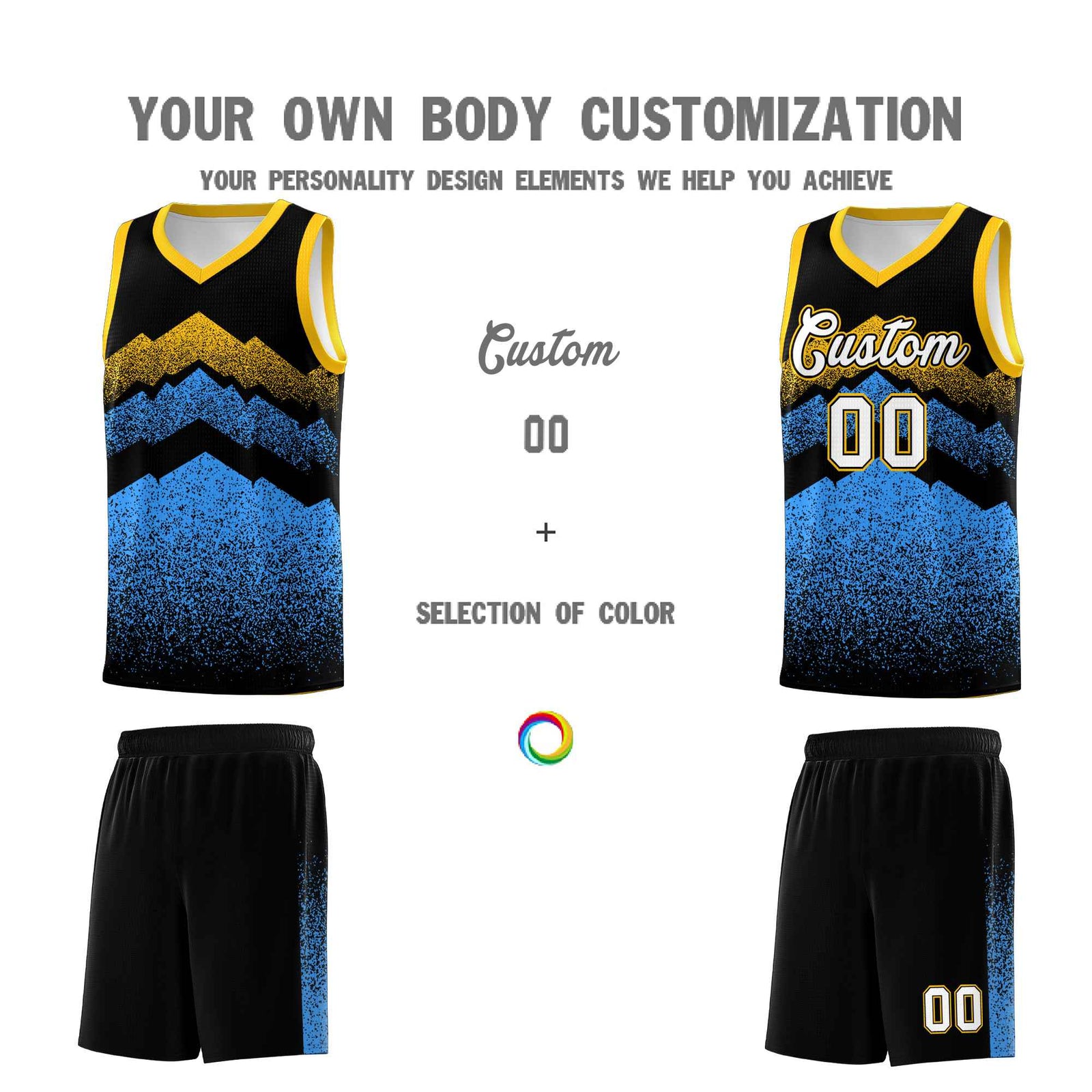 Custom Youth Basketball Jerseys Black Powder Blue Gradient Mountain Design Uniforms