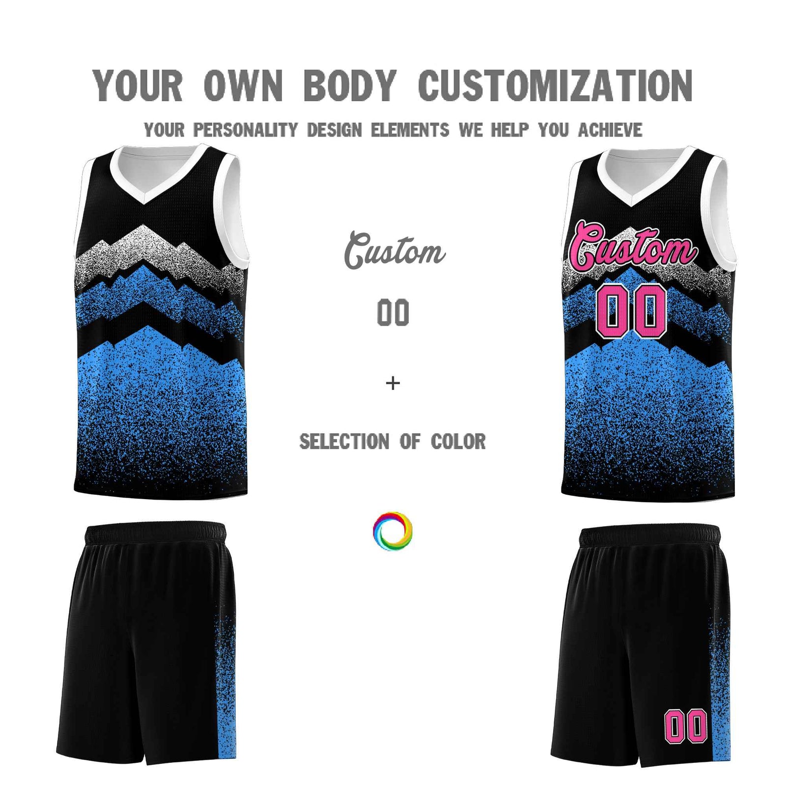 Personalized Youth Basketball Jerseys Black Powder Blue Gradient Mountain Design Uniforms
