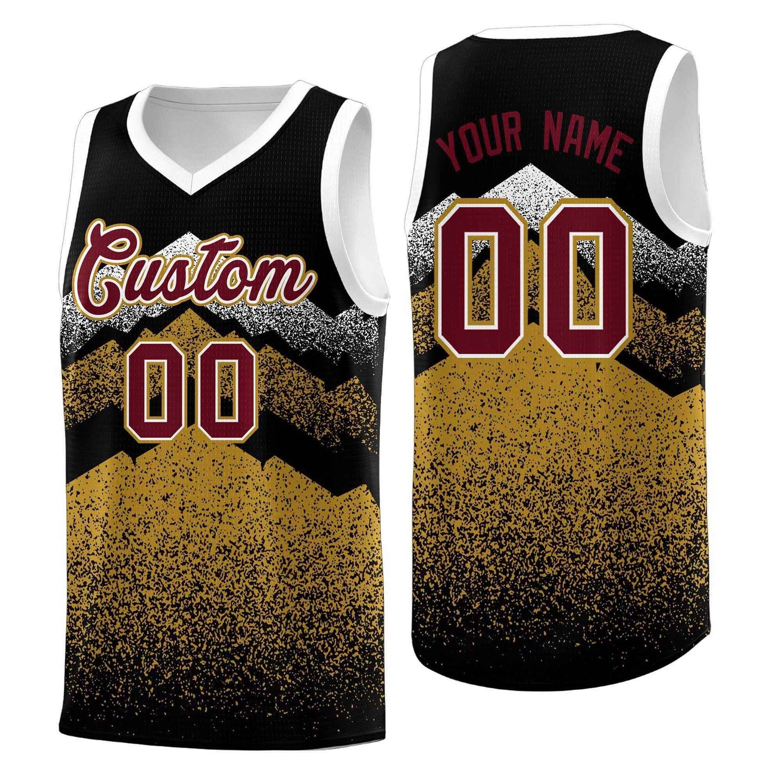 Custom Youth Basketball Jerseys Black Old Gold Gradient Mountain Design Uniforms